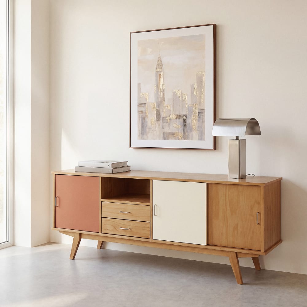wohnli-moebel-suche-253476 Wohnli Möbelsuche - Sideboard mit drei Türen und zwei Schubladen aus dreifarbigem Kiefernholz