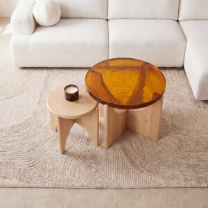 wohnli-moebel-suche-253495 Wohnli Möbelsuche - Set aus 2 Couchtischen aus Mangoholz und braunem Glas