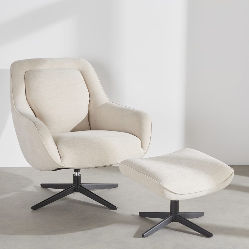 wohnli-moebel-suche-253826 Wohnli Möbelsuche - Sessel und Hocker-Set aus beigefarbenem Polyestergewebe und schwarzem Stahl