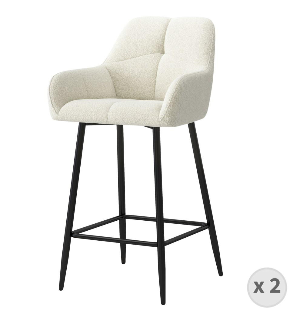 Wohnli Möbelsuche - 2er Set Barhocker aus Ecru-Loopback-Stoff und schwarzem Metall