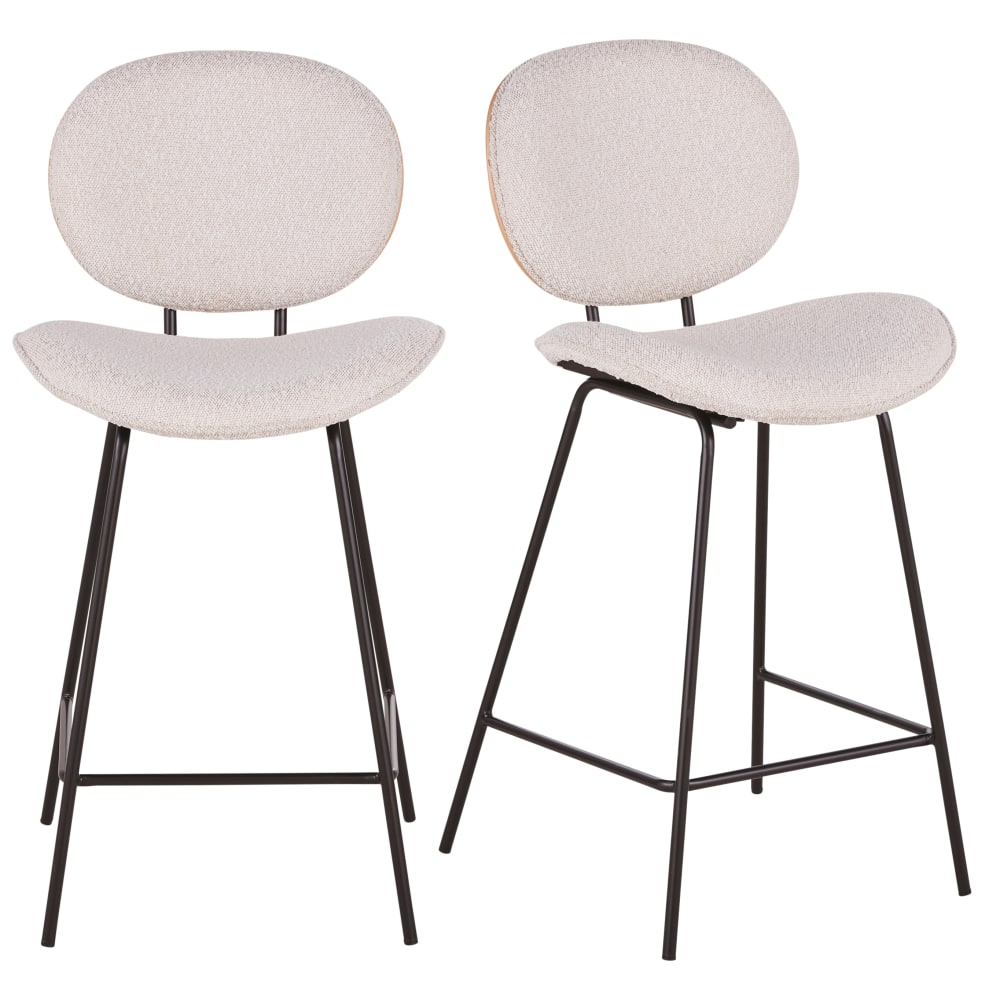 Wohnli Möbelsuche - 2er Set Barhocker mit Rückenlehne aus Bouclé-Stoff und Holz