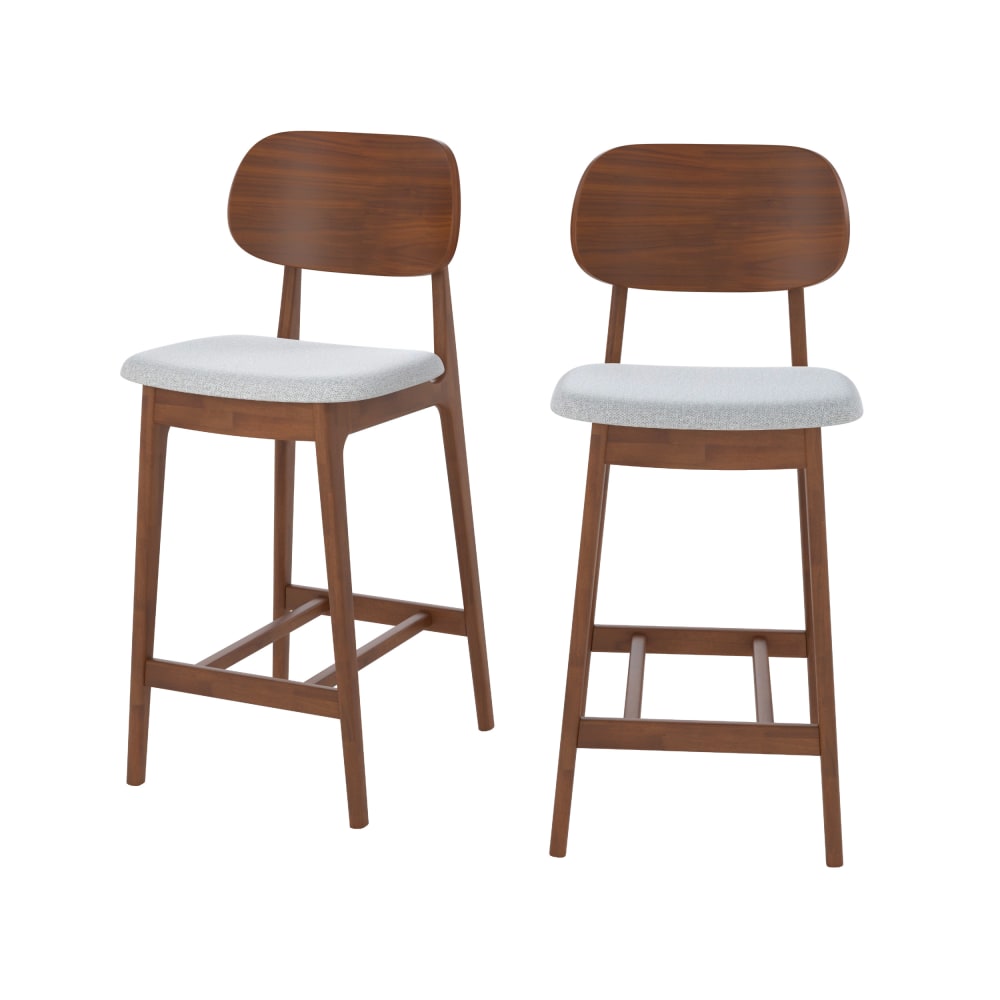 wohnli-moebel-suche-2er-Set-Barstuehle-aus-dunklem-Holz-und-hellgrauem-Stoff-66-cm Wohnli Möbelsuche - 2er Set Barstühle aus dunklem Holz und hellgrauem Stoff 66 cm