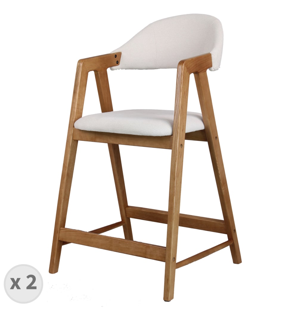 Wohnli Möbelsuche - 2er Set Barstuhl mit Stoffbezug in Ecru und Esche Natur