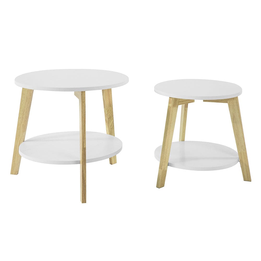 Wohnli Möbelsuche - 2er Set Beistelltisch mit runden Ablagen MDF Weiß/Natur