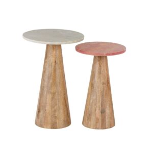 Wohnli Möbelsuche - 2er Set Beistelltische aus Mangoholz mit Marmor- oder Travertinplatte