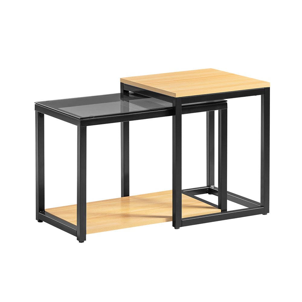 Wohnli Möbelsuche - 2er Set Couchtisch für Wohnzimmer MDF Glasplatte Eisen Natur