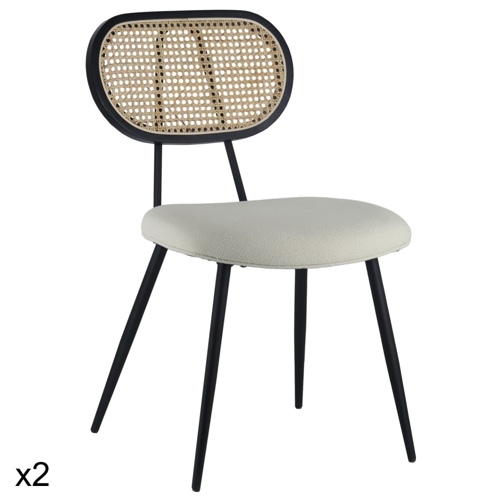 Wohnli Möbelsuche - 2er Set Stühle aus Rohrgeflecht und Schlingenstoff in Ecru