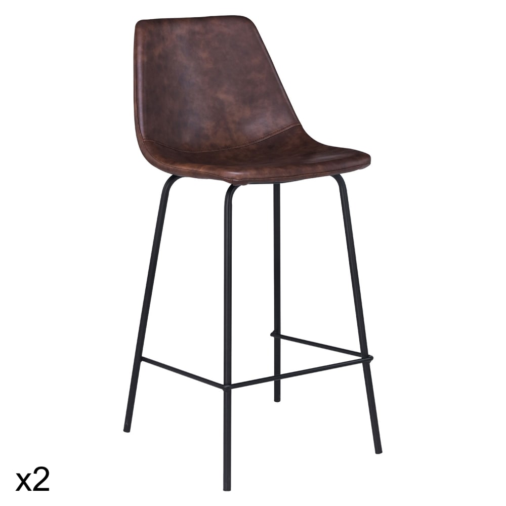 Wohnli Möbelsuche - 2er Set Vintage-Barhocker 65cm aus braunem Kunstleder
