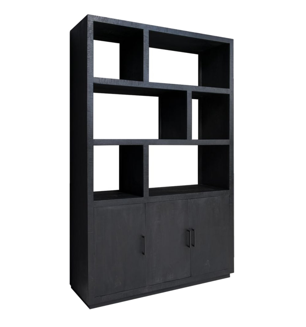 wohnli-moebel-suche-3-tueriges-Buecherregal-L145cm-aus-massivem-schwarzem-Mangoholz Wohnli Möbelsuche - 3-türiges Bücherregal L145cm aus massivem schwarzem Mangoholz