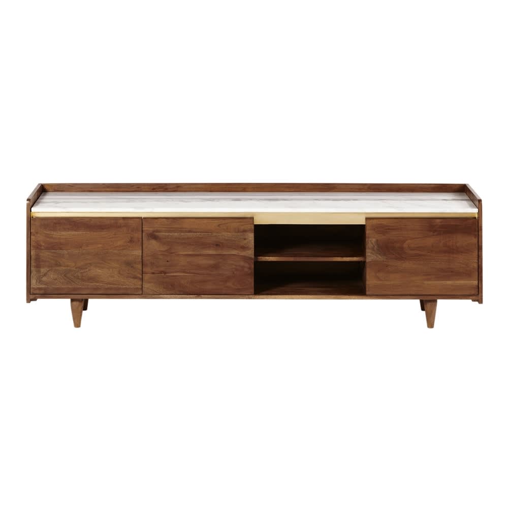 Wohnli Möbelsuche - 3-türiges TV-Möbel aus massivem Akazienholz und weißem Marmor