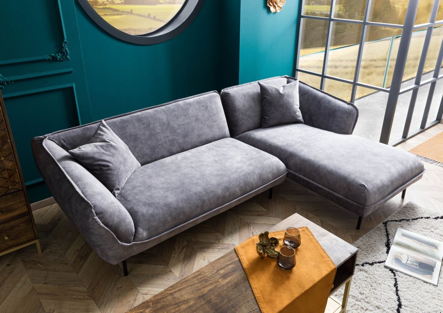 Ecksofa 277x173x76 Polyester grau GENT Massivmoebel24 DE Möbel/Sofas/Ecksofas Grau B:277, H:76, T:173