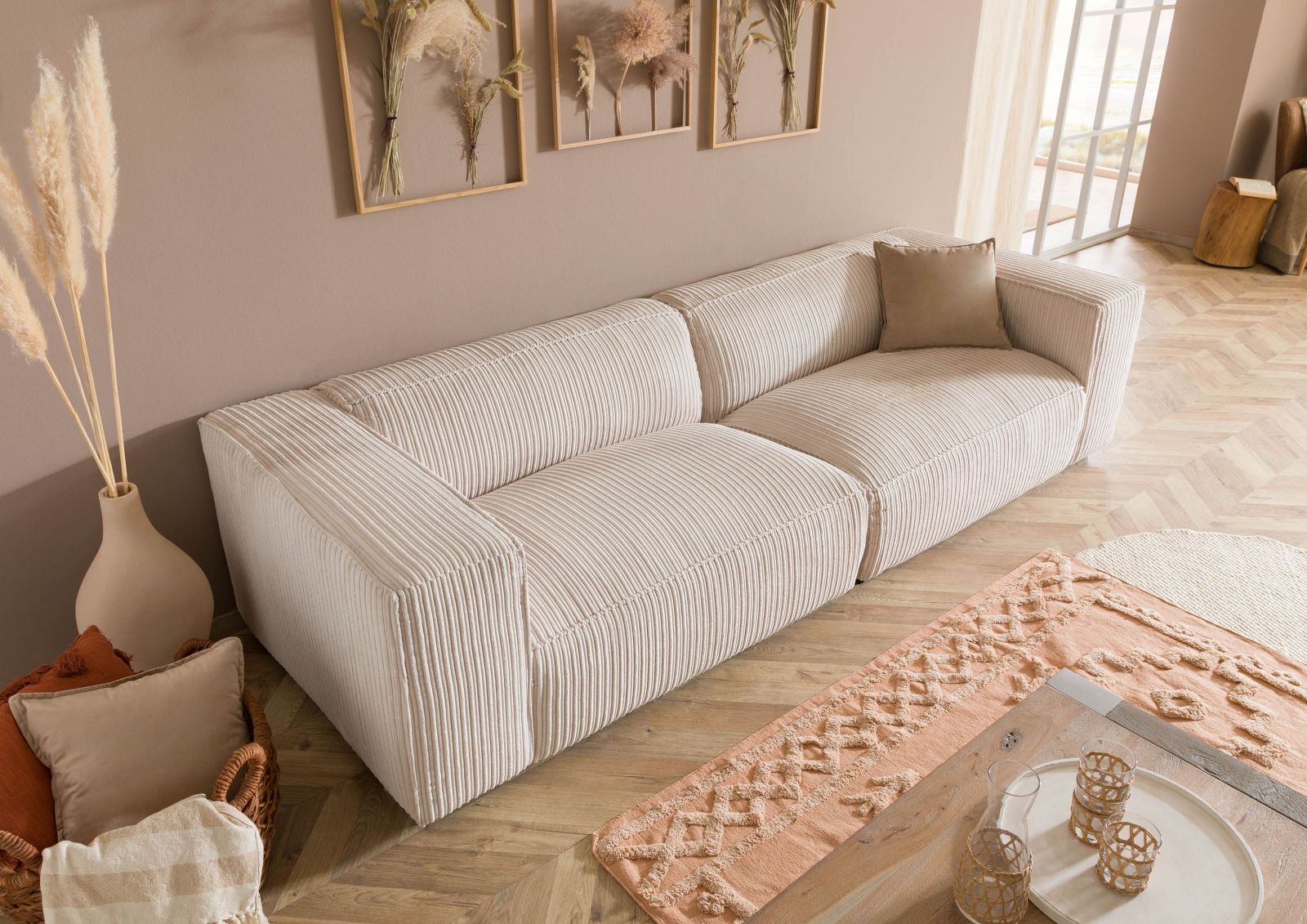 Sofa 3-Sitzer 286x103x69 Cord elfenbein VALENCIA Massivmoebel24 DE Möbel/Sofas/3-Sitzer Beige B:286, H:69, T:103