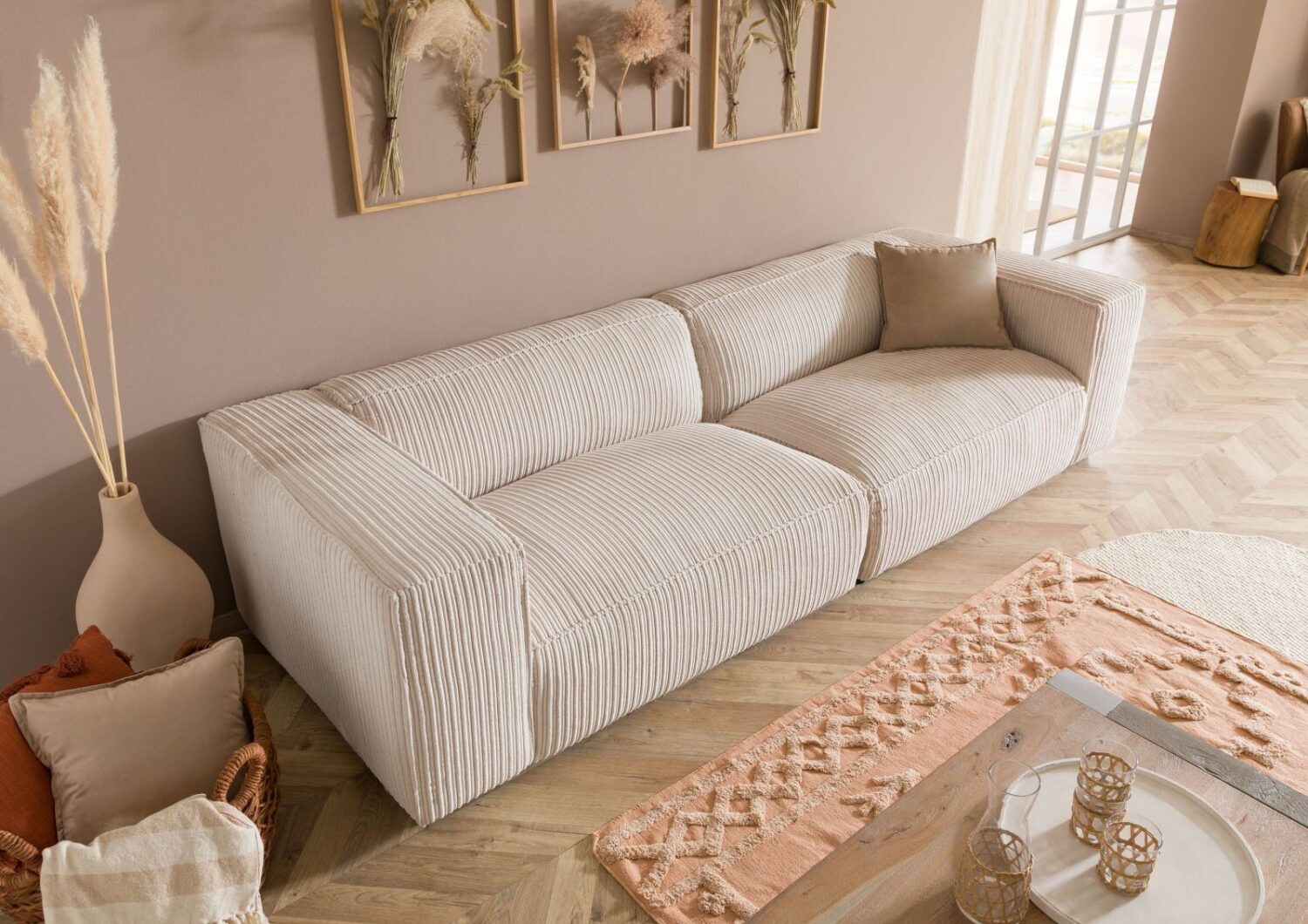 Sofa 3-Sitzer 286x103x69 Cord elfenbein VALENCIA Massivmoebel24 DE Möbel/Sofas/3-Sitzer Beige B:286, H:69, T:103