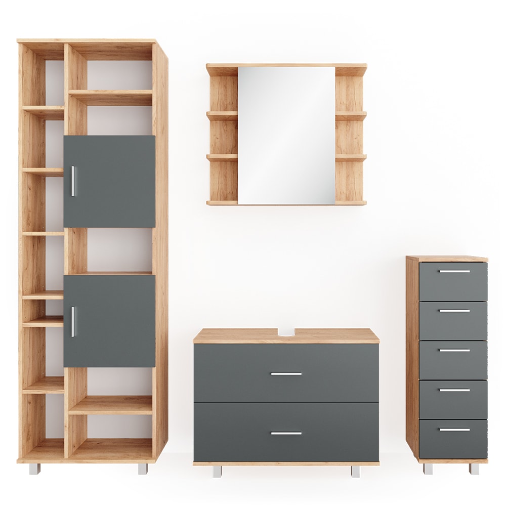 wohnli-moebel-suche-4er-Set-Badmoebel-Set-mit-Hochschrank-AnthrazitGoldkraft-Eiche Wohnli Möbelsuche - 4er Set