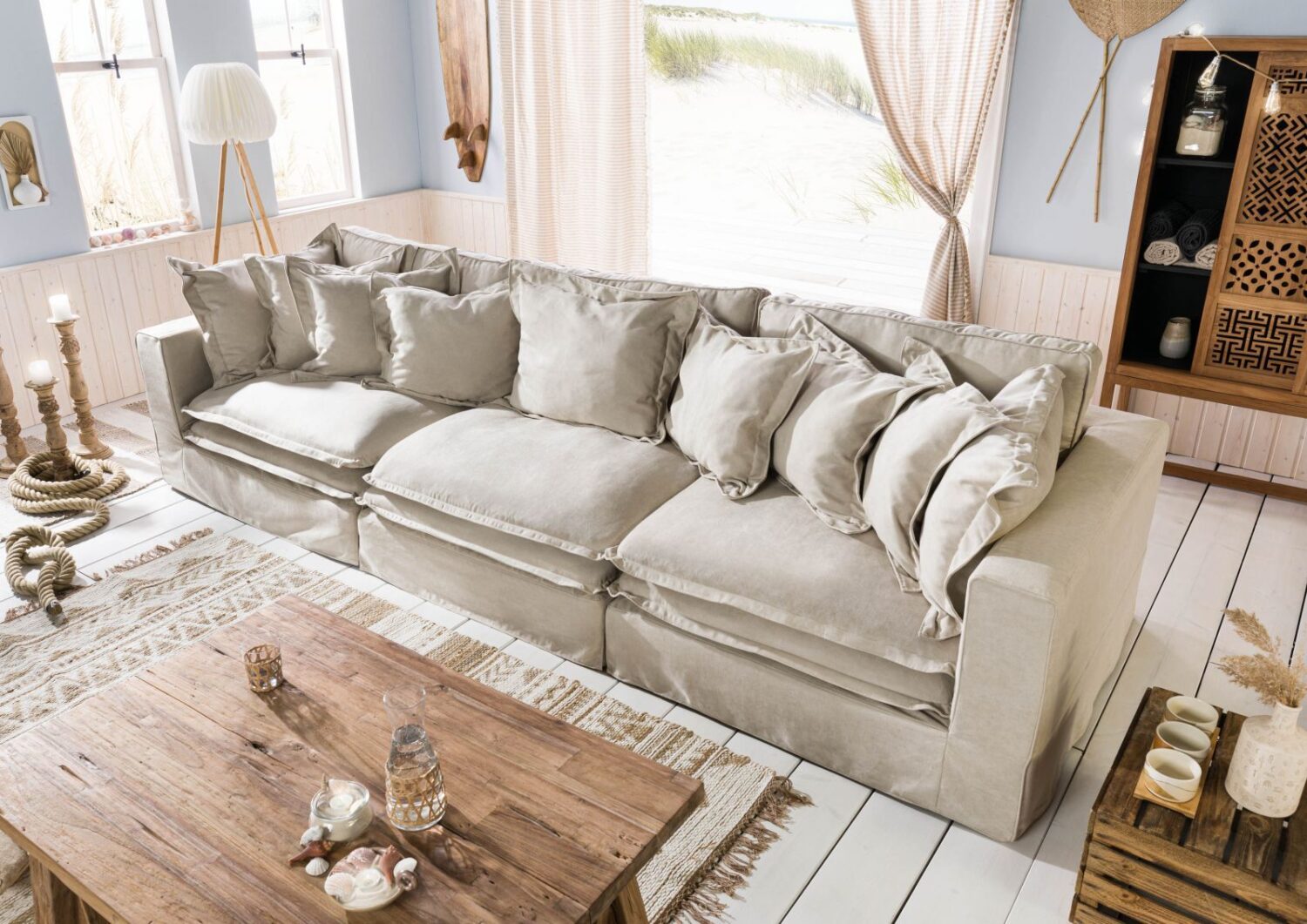 Sofa 3-Sitzer 341x117x90 beige SYLT Massivmoebel24 DE Möbel/Sofas/2-Sitzer Beige B:341, H:90, T:117