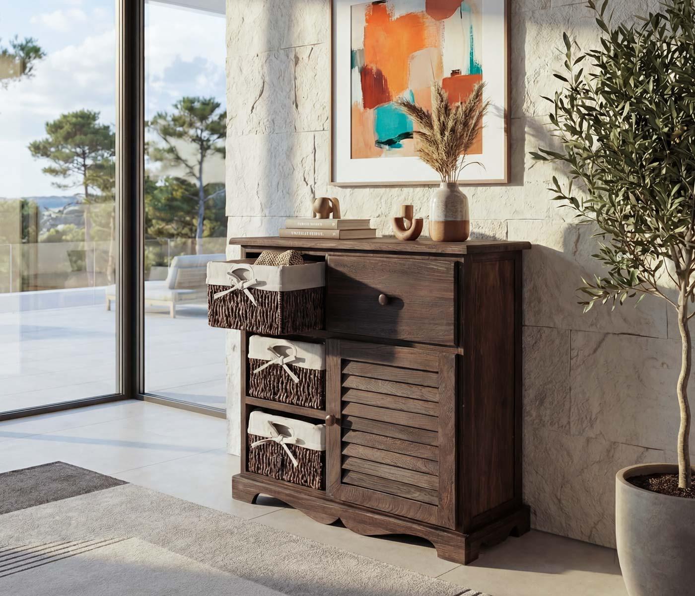 wohnli-moebel-suche-800000500482-1 KOMMODE SCHRANK MIT 3 KÖRBEN Braun Holz MCW Möbel > Kommoden & Schubladenschränke > Kommoden Braun