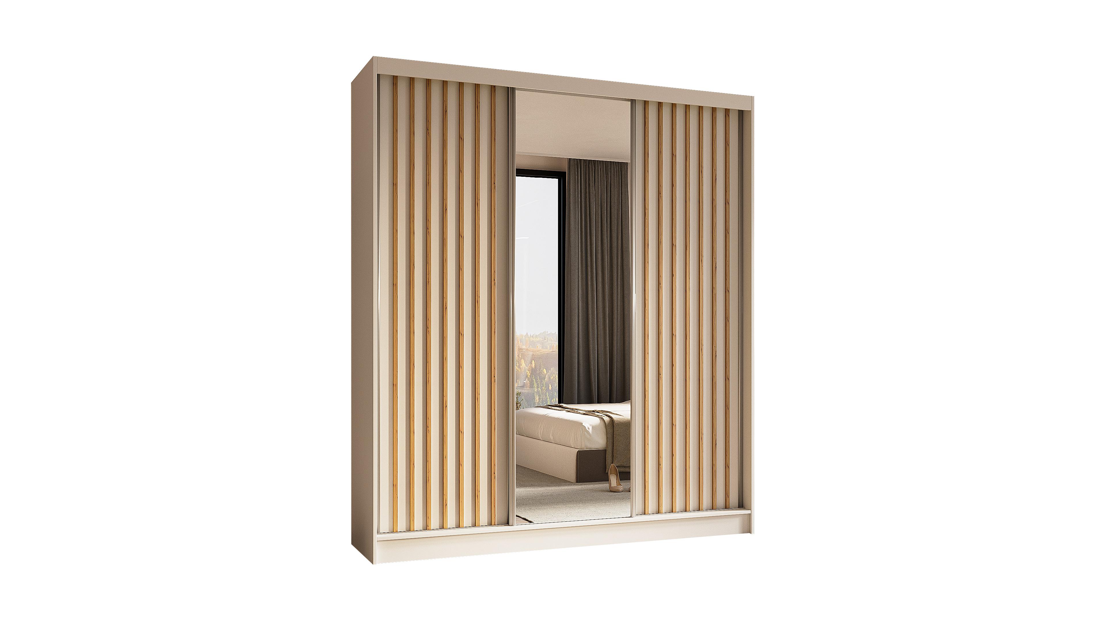 wohnli-moebel-suche-800000512656 Wohnli Möbelsuche - KLEIDERSCHRANK mit Spiegel-Schiebetüren und Aluminium-Leisten - LAMELO - 180 cm Weiß+Weiß+Artisan