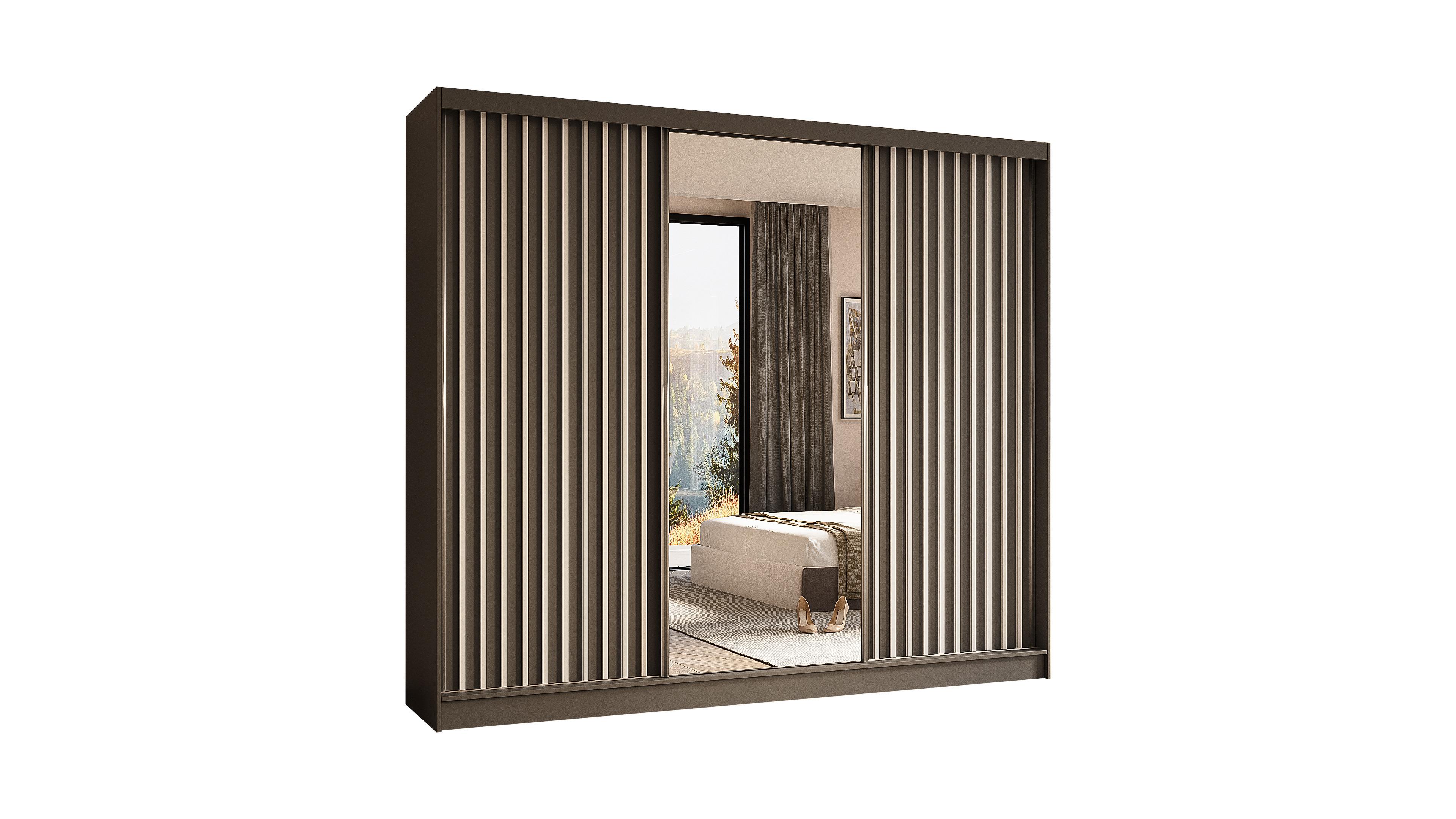 wohnli-moebel-suche-800000512664 Wohnli Möbelsuche - KLEIDERSCHRANK mit Spiegel-Schiebetüren und Aluminium-Leisten - LAMELO - 240 cm Grau+Grau+Weiß