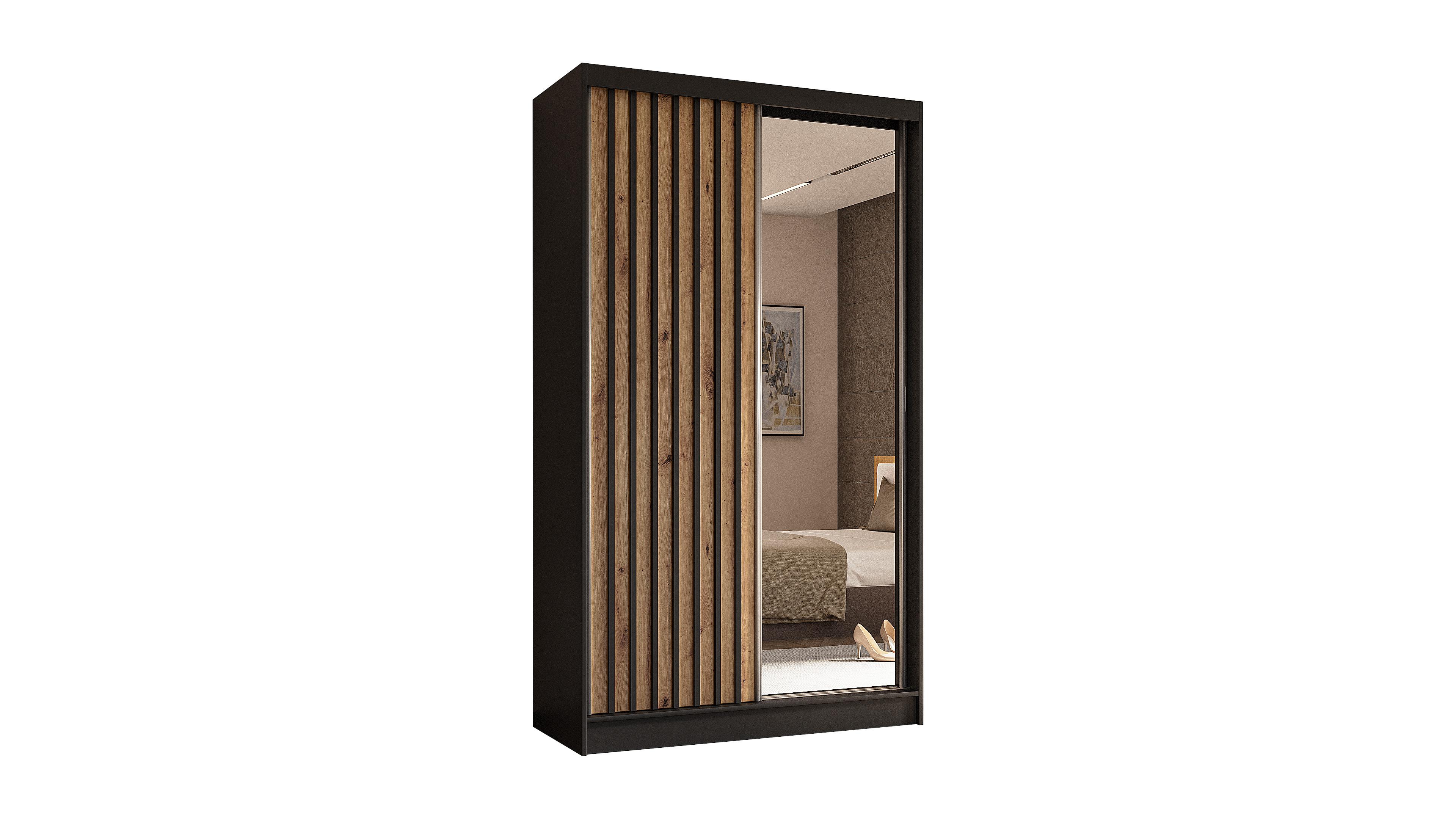 wohnli-moebel-suche-800000512670 Wohnli Möbelsuche - KLEIDERSCHRANK mit Spiegel-Schiebetüren und Aluminium-Leisten - LAMELO - 120 cm Schwarz+Artisan+Schwarz