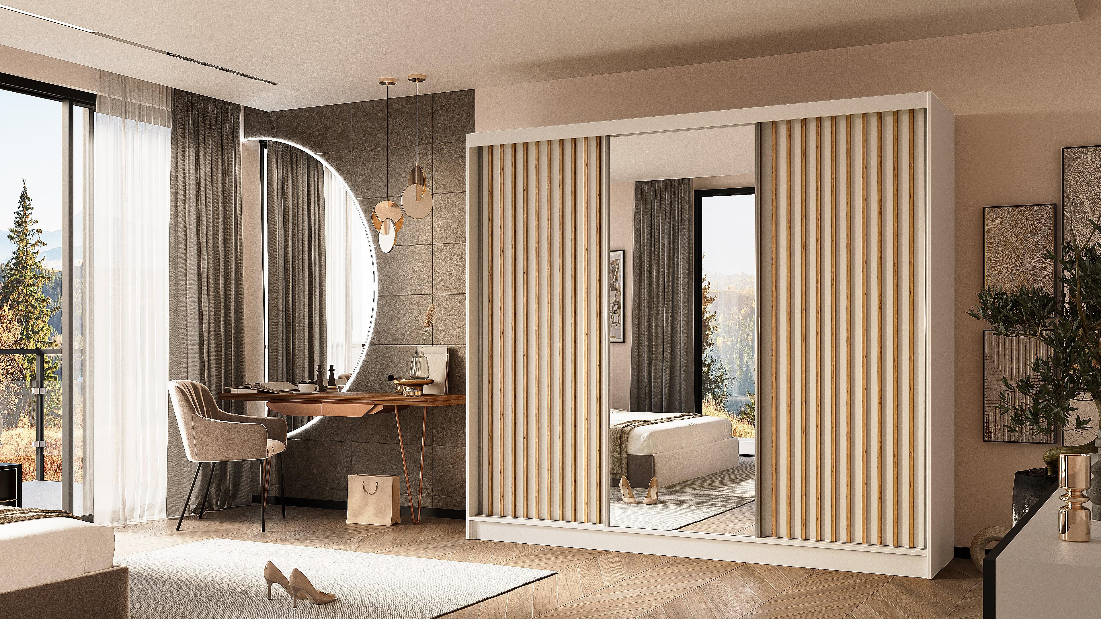 KLEIDERSCHRANK mit Spiegel-Schiebetüren und Aluminium-Leisten - LAMELO - 240 cm Weiß+Weiß+Artisan Holzwerkstoff ALTDECOR Möbel > Schränke > Kleiderschränke Weiß