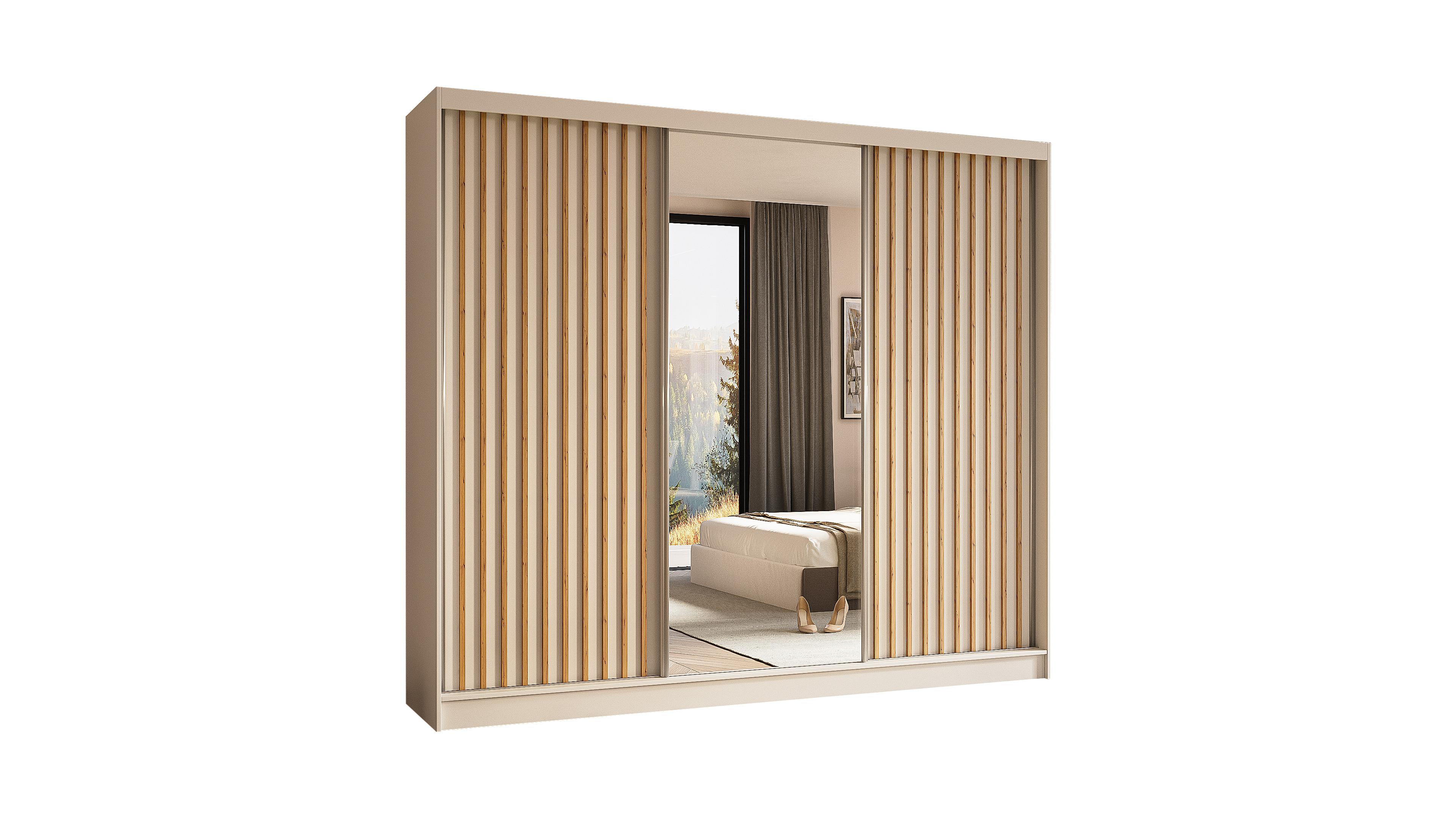 wohnli-moebel-suche-800000512688 Wohnli Möbelsuche - KLEIDERSCHRANK mit Spiegel-Schiebetüren und Aluminium-Leisten - LAMELO - 240 cm Weiß+Weiß+Artisan