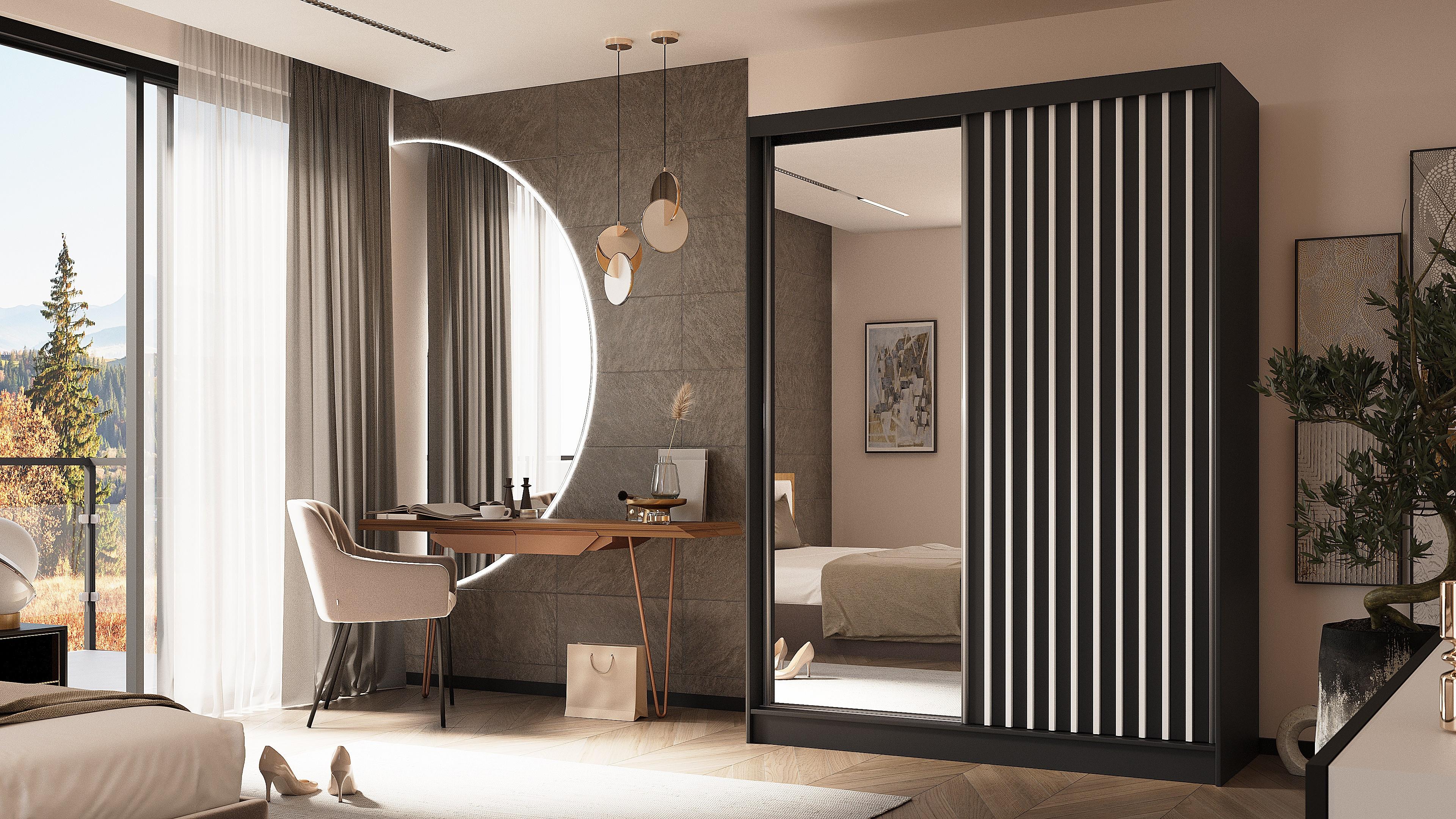 KLEIDERSCHRANK mit Spiegel-Schiebetüren und Aluminium-Leisten - LAMELO - 160 cm Schwarz+Schwarz+Weiß Holzwerkstoff ALTDECOR Möbel > Schränke > Kleiderschränke Schwarz