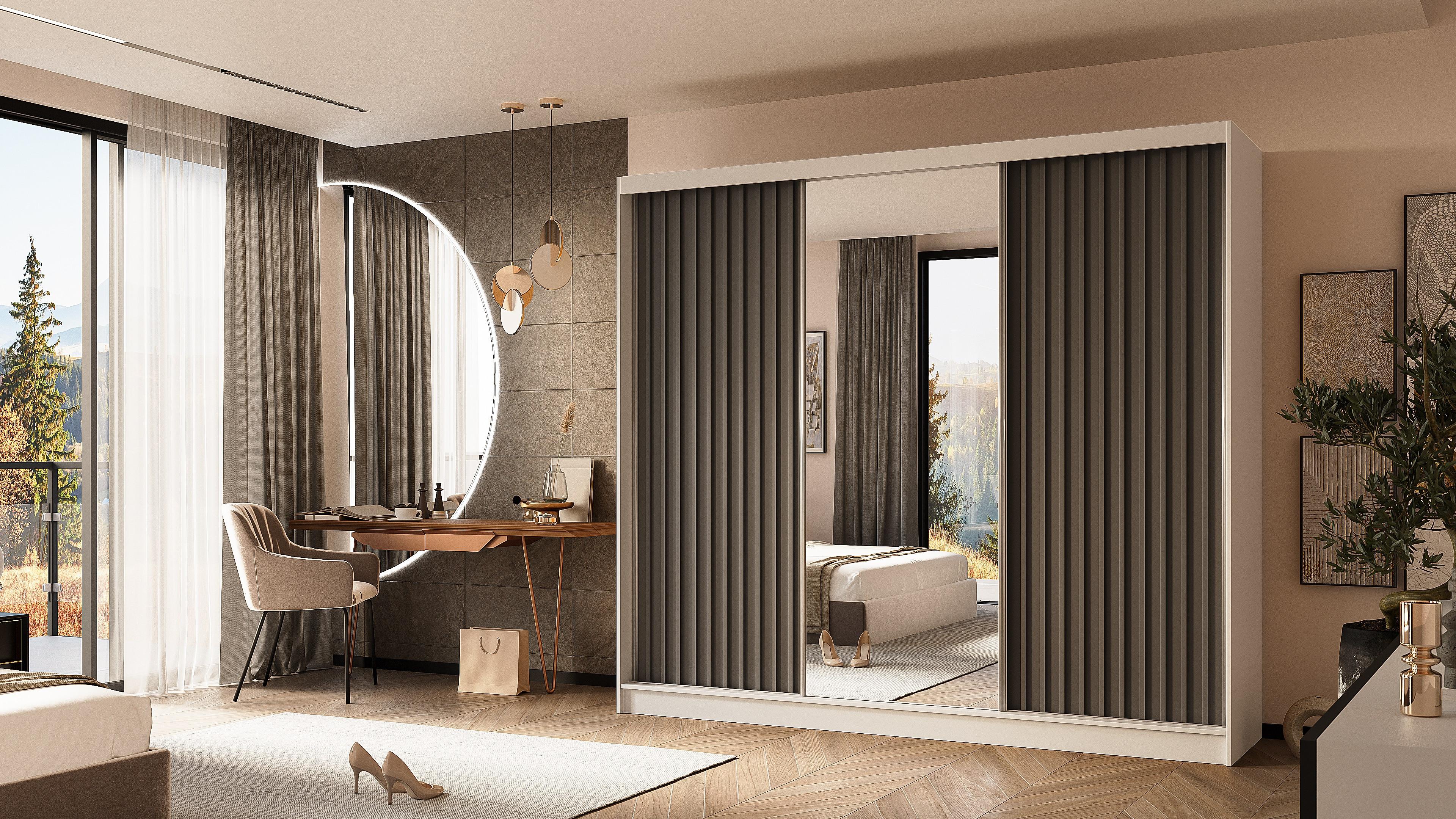 KLEIDERSCHRANK mit Spiegel-Schiebetüren und Aluminium-Leisten - LAMELO - 240 cm Weiß+Grau+Grau Holzwerkstoff ALTDECOR Möbel > Schränke > Kleiderschränke Weiß