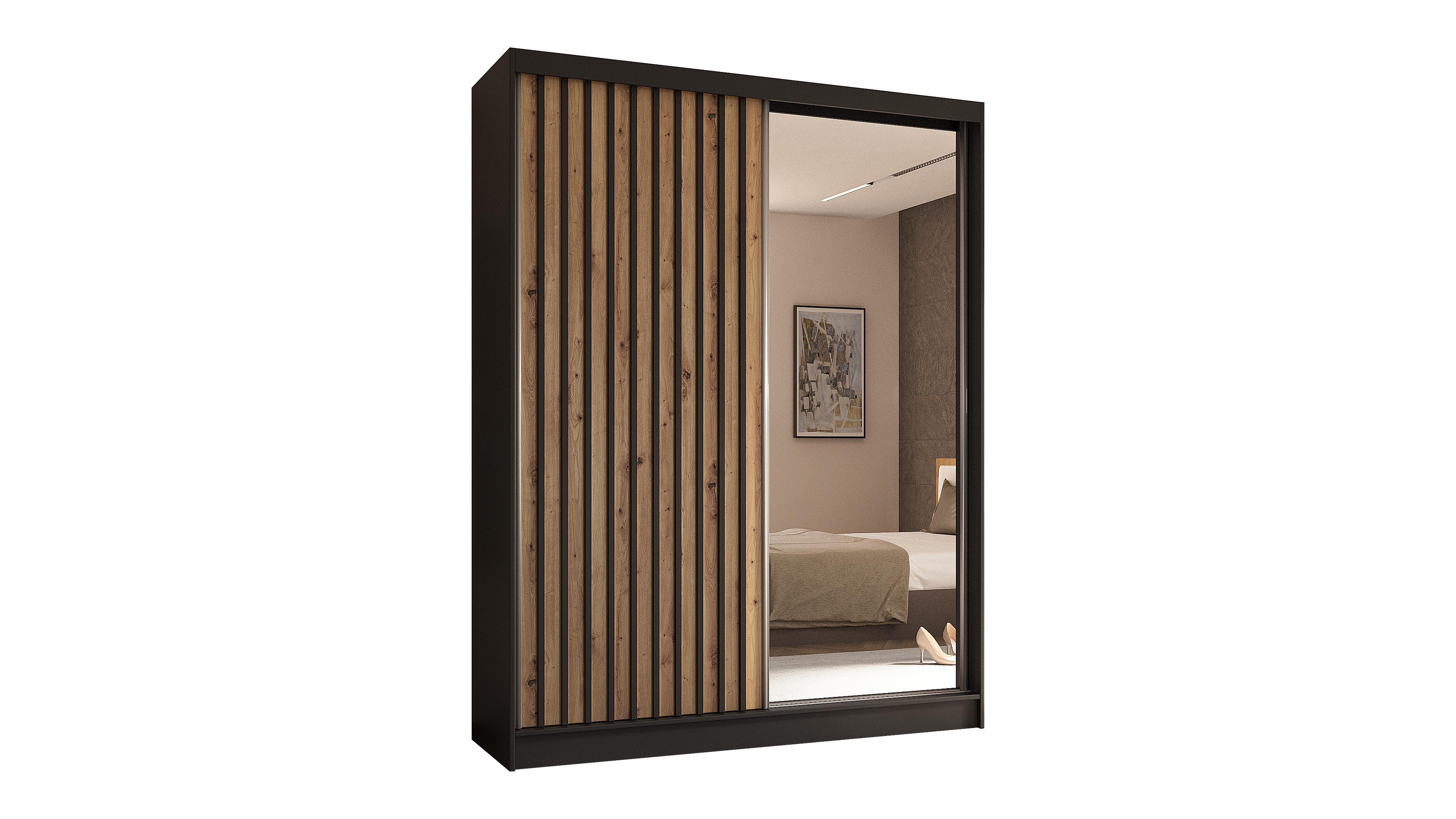 wohnli-moebel-suche-800000512708 Wohnli Möbelsuche - KLEIDERSCHRANK mit Spiegel-Schiebetüren und Aluminium-Leisten - LAMELO - 160 cm Schwarz+Artisan+Schwarz