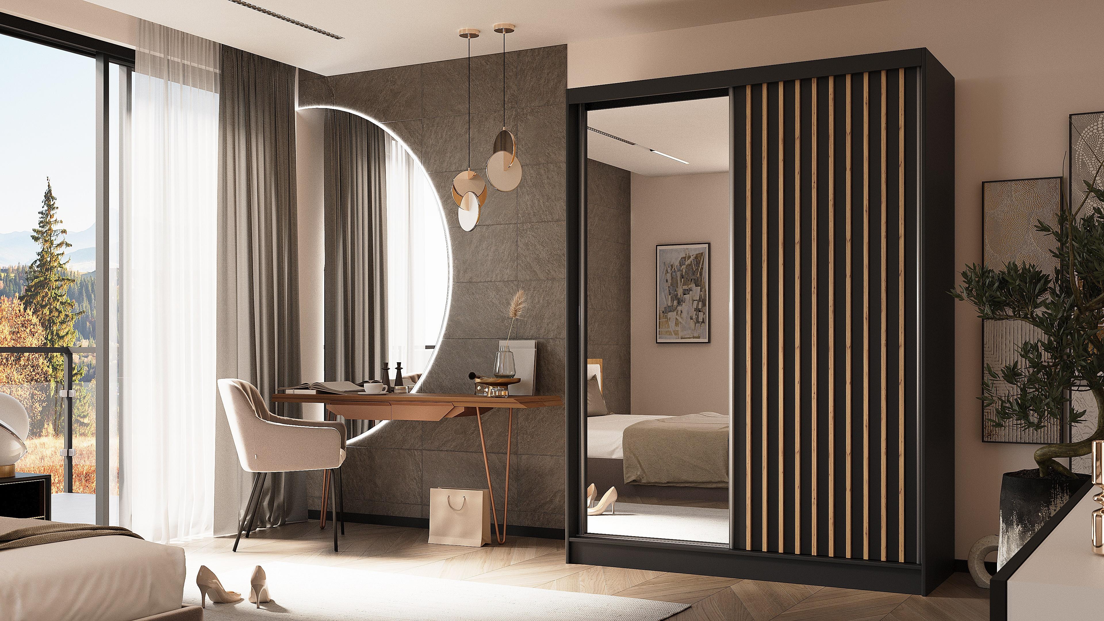 KLEIDERSCHRANK mit Spiegel-Schiebetüren und Aluminium-Leisten - LAMELO - 160 cm Schwarz+Schwarz+ Artisan Holzwerkstoff ALTDECOR Möbel > Schränke > Kleiderschränke Schwarz