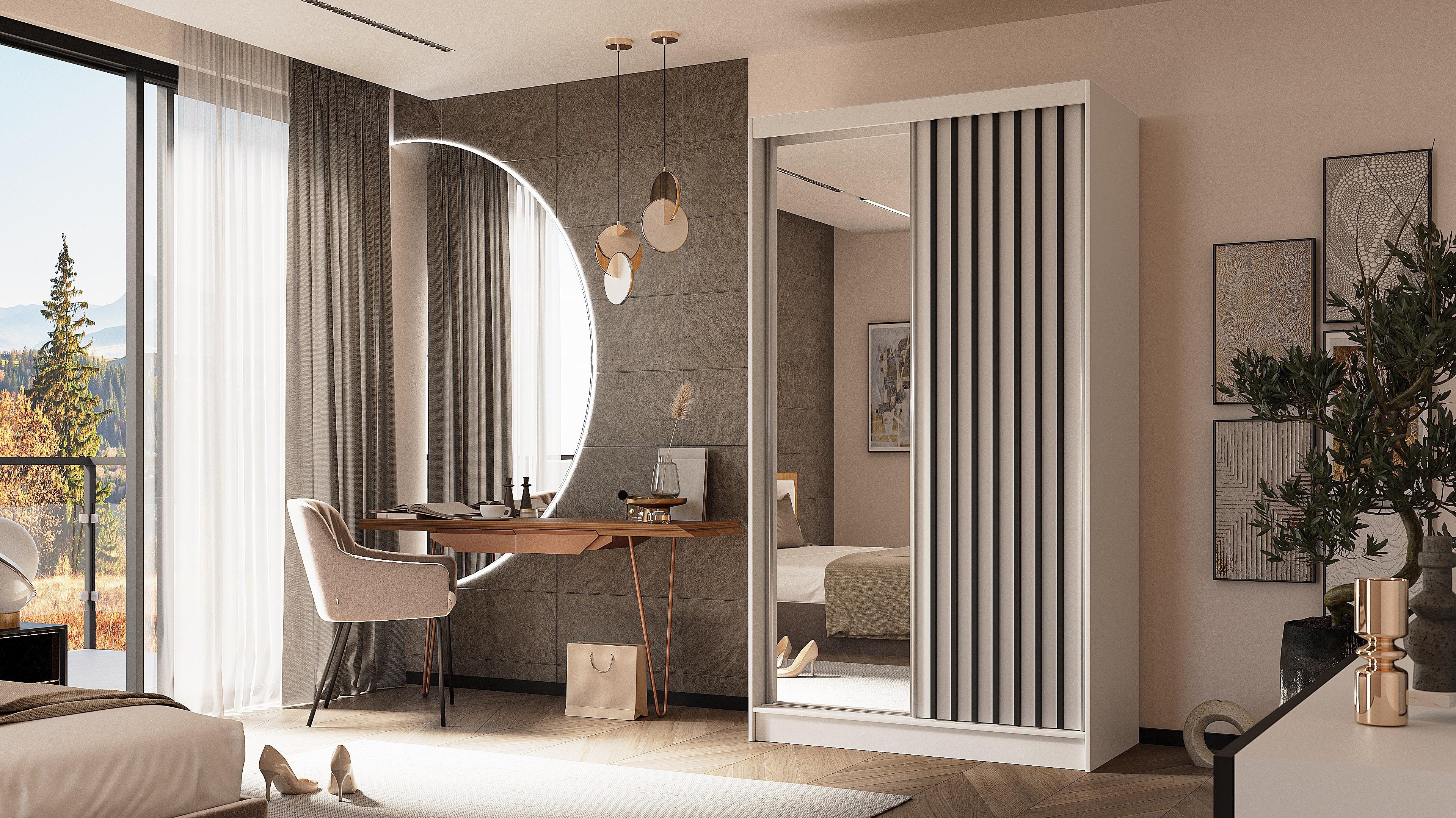 KLEIDERSCHRANK mit Spiegel-Schiebetüren und Aluminium-Leisten - LAMELO - 120 cm Weiß+Weiß+Schwarz Holzwerkstoff ALTDECOR Möbel > Schränke > Kleiderschränke Weiß