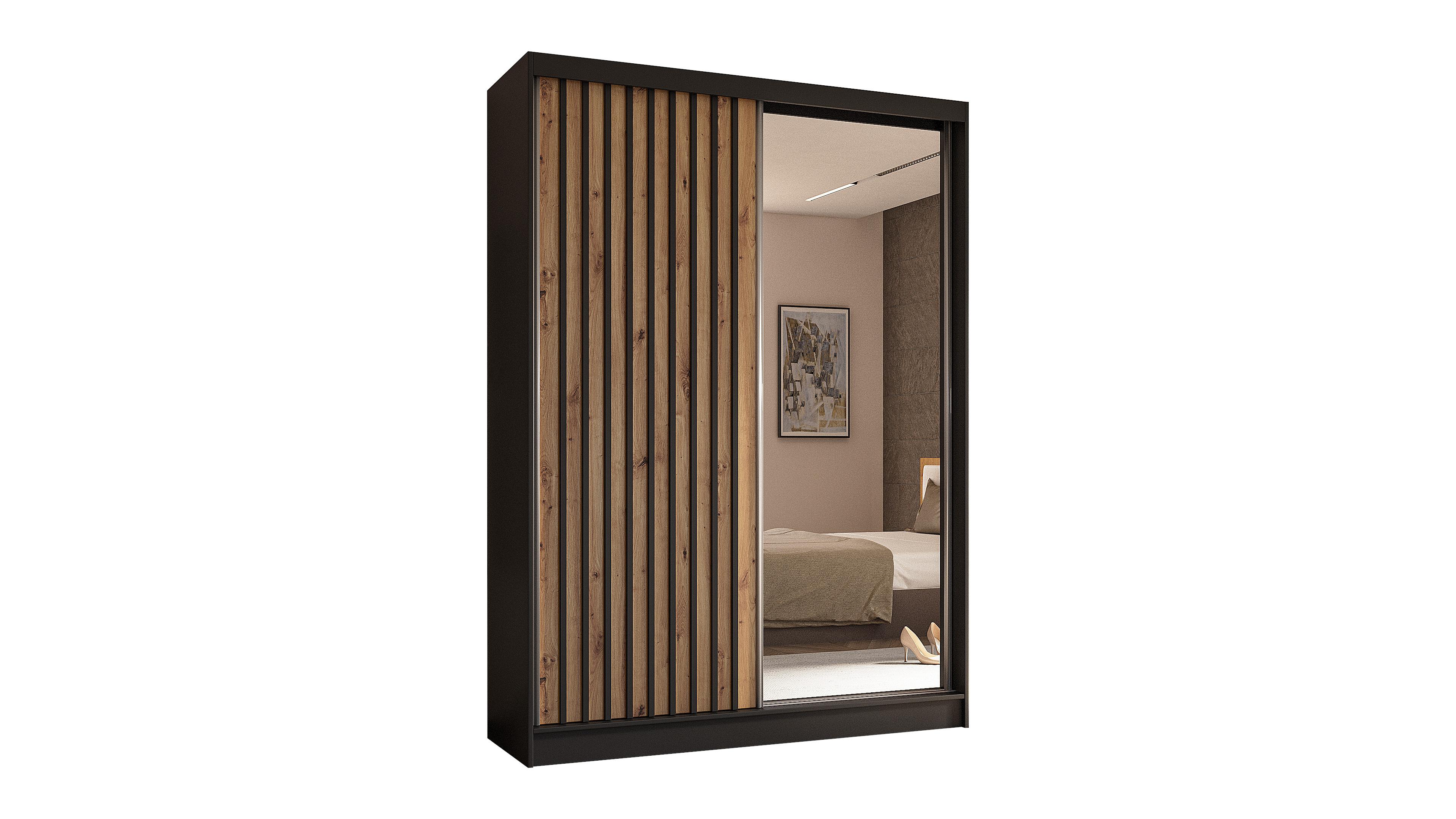 wohnli-moebel-suche-800000512742 Wohnli Möbelsuche - KLEIDERSCHRANK mit Spiegel-Schiebetüren und Aluminium-Leisten - LAMELO - 150 cm Schwarz+Artisan+Schwarz