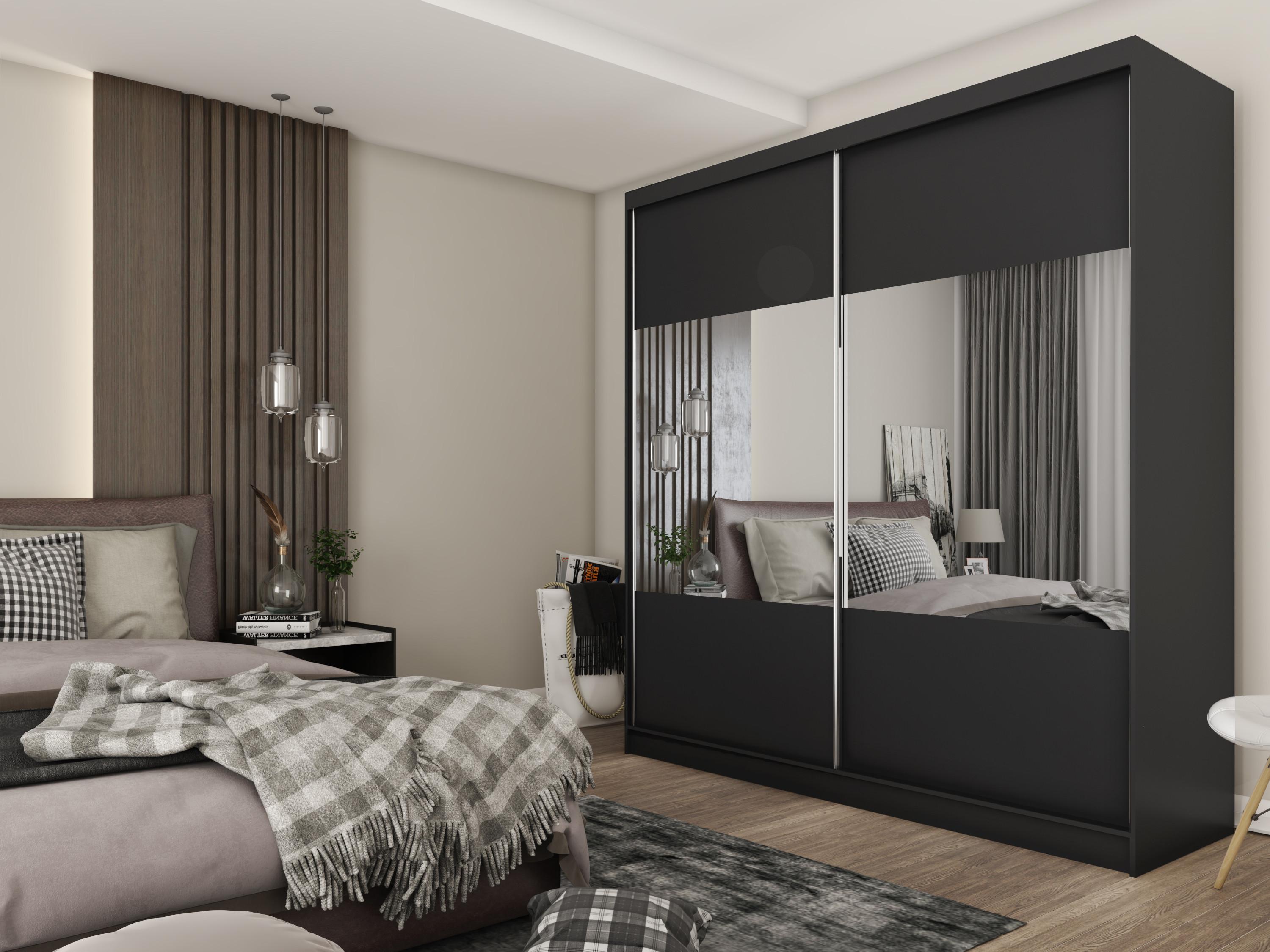 wohnli-moebel-suche-800000513093-1 KLEIDERSCHRANK mit Spiegel-Schiebetüren und Aluminium-Leisten - CELI - 200 cm Schwarz Holzwerkstoff ALTDECOR Möbel > Schränke > Kleiderschränke Schwarz