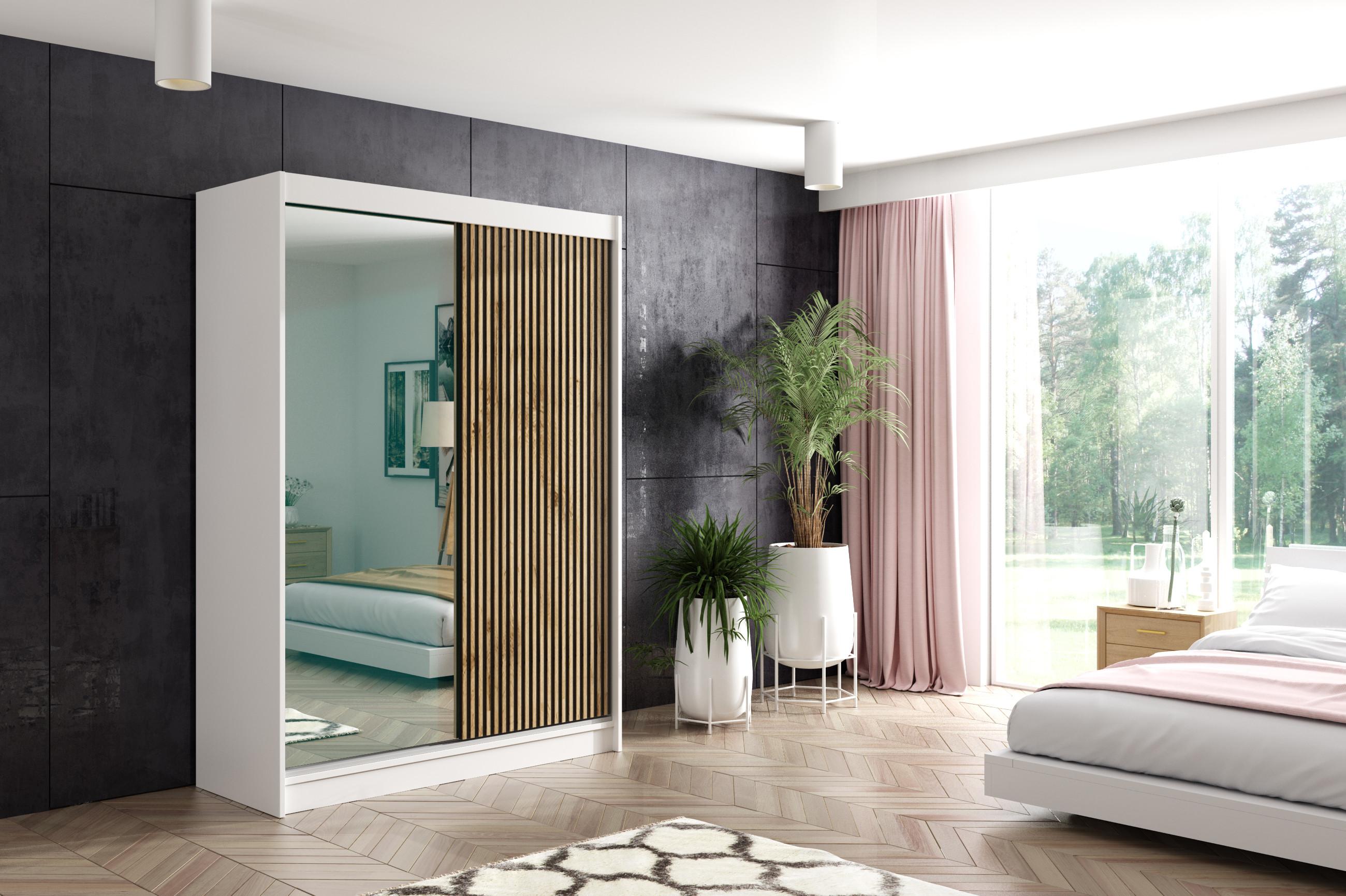 KLEIDERSCHRANK VILAN mit Spiegel/LED - 150 cm - Weiß|Eiche Wotan Holzwerkstoff ALTDECOR Möbel > Schränke > Kleiderschränke Weiß
