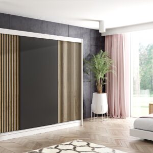 wohnli-moebel-suche-800000517791-1 KLEIDERSCHRANK VILAN mit Lamel - 250 cm - Weiß|Eiche Wotan Holzwerkstoff ALTDECOR Möbel > Schränke > Kleiderschränke Weiß