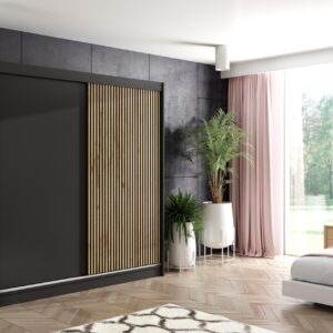wohnli-moebel-suche-800000517837-1 KLEIDERSCHRANK VILAN mit Lamel/LED - 200 cm - Schwarz|Eiche Wotan Holzwerkstoff ALTDECOR Möbel > Schränke > Kleiderschränke Schwarz