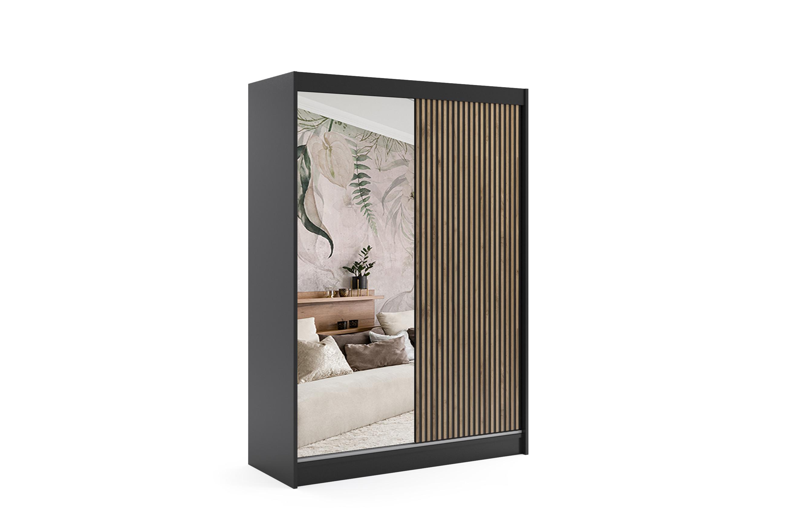 wohnli-moebel-suche-800000517838 Wohnli Möbelsuche - KLEIDERSCHRANK VILAN mit Spiegel/LED - 150 cm - Schwarz|Eiche Wotan