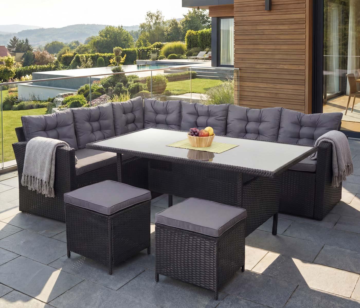 wohnli-moebel-suche-800000526961-1 POLY-RATTAN-GARNITUR + HOCKER Schwarz 4er-Set Kunststoff MCW Garten & Outdoor > Gartenmöbel > Gartenmöbel-Sets Schwarz