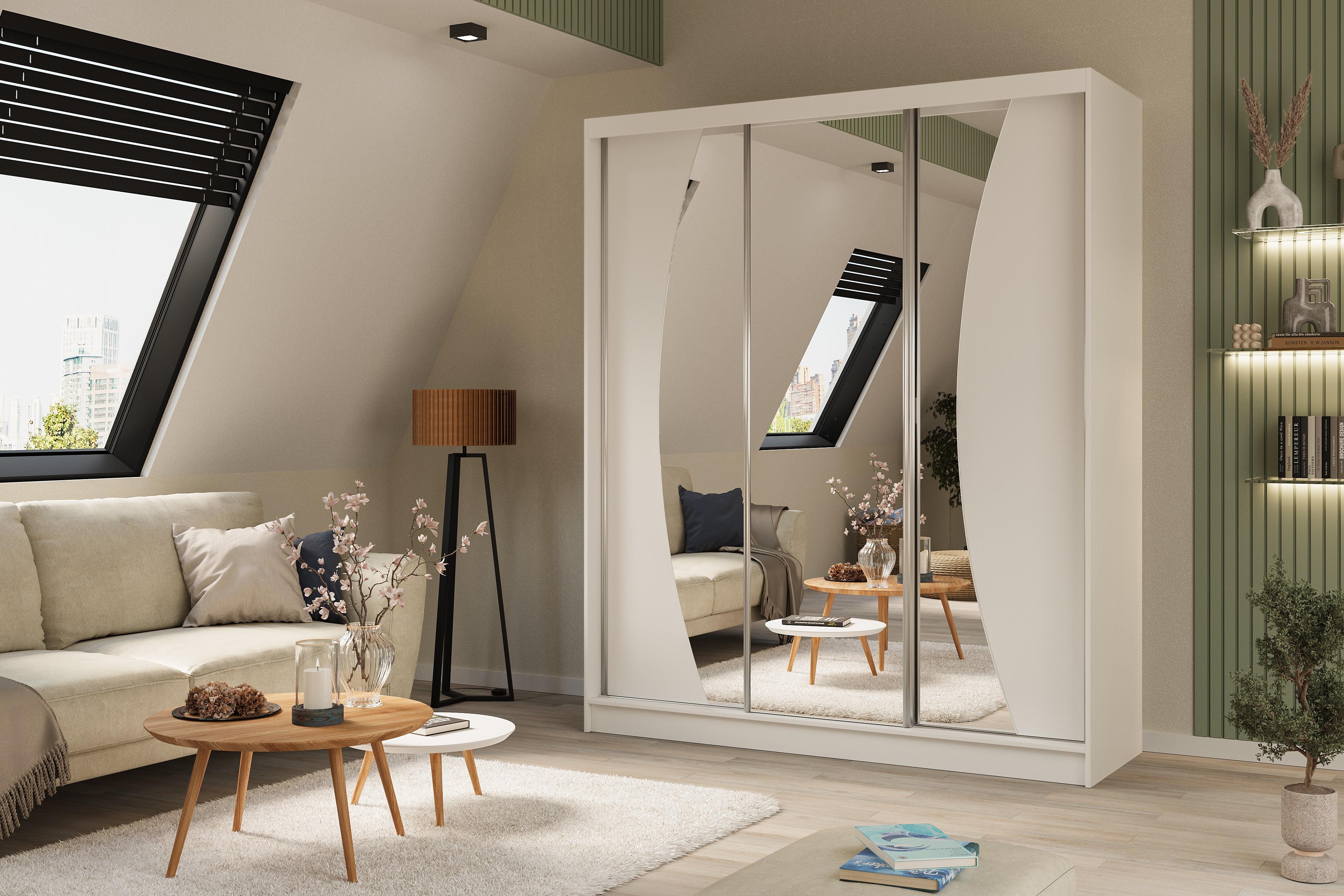 wohnli-moebel-suche-800000527117-1 KLEIDERSCHRANK mit Spiegel-Schiebetüren und Aluminium-Leisten - VOXI - 180 cm Weiß Holzwerkstoff ALTDECOR Möbel > Schränke > Kleiderschränke Weiß