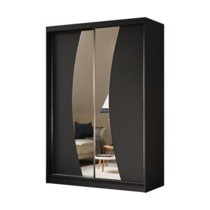 Wohnli Möbelsuche - KLEIDERSCHRANK mit Spiegel-Schiebetüren und Aluminium-Leisten - VOXI - 150 cm Schwarz