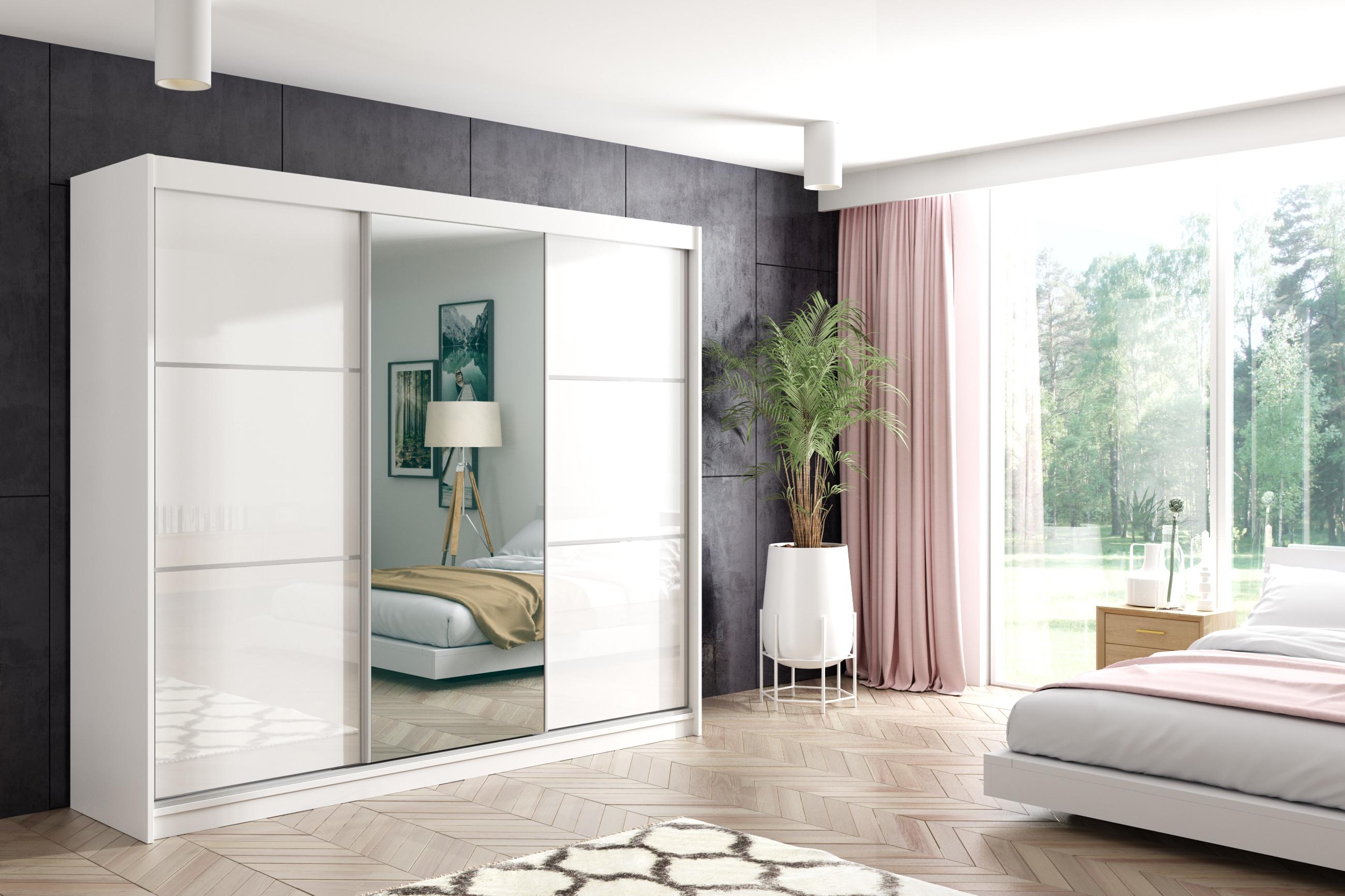 wohnli-moebel-suche-800000527127-1 KLEIDERSCHRANK mit Spiegel-Schiebetüren und Aluminium-Leisten - VIVONA - 240 cm Weiß Holzwerkstoff ALTDECOR Möbel > Schränke > Kleiderschränke Weiß