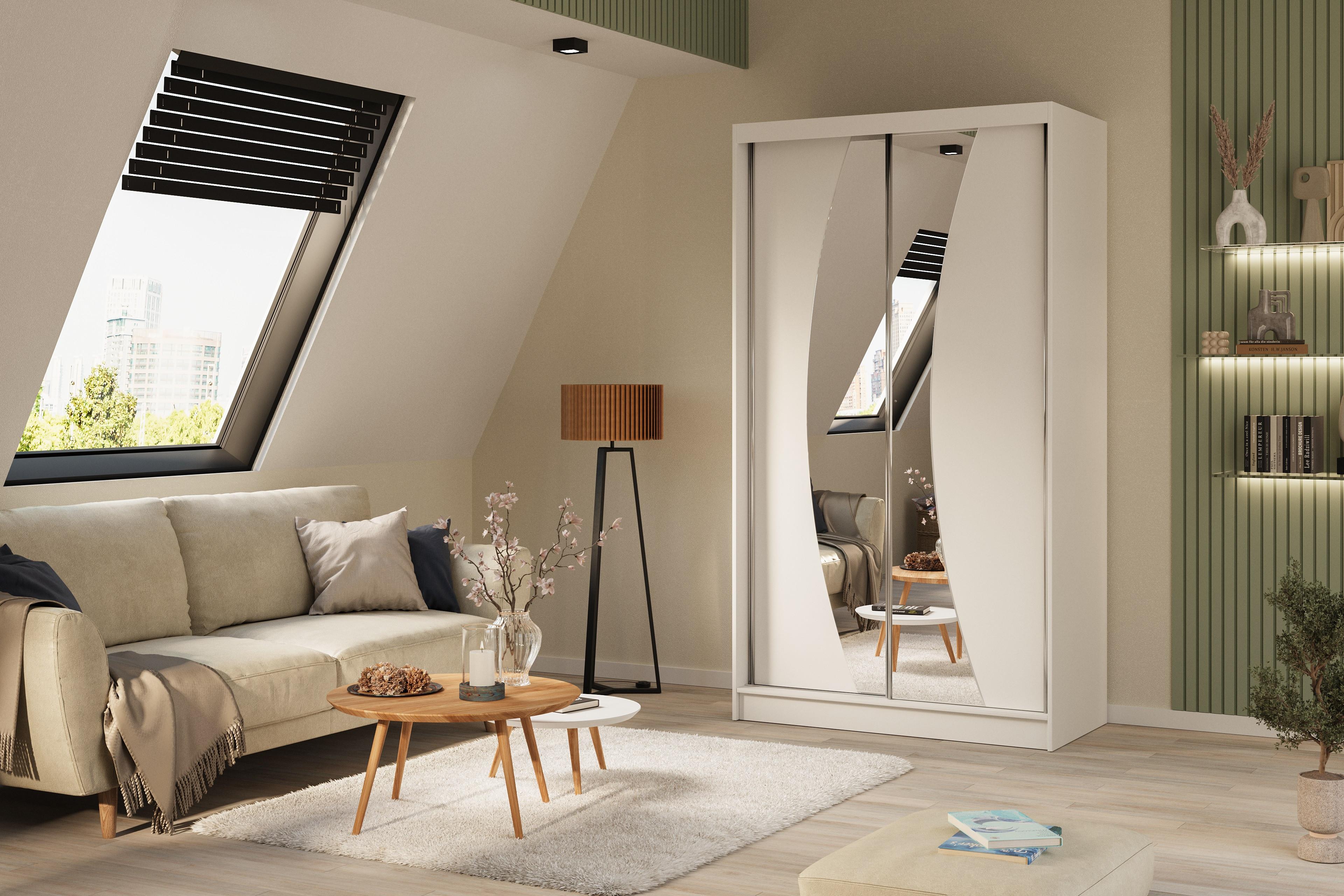 wohnli-moebel-suche-800000527138-1 KLEIDERSCHRANK mit Spiegel-Schiebetüren und Aluminium-Leisten - VOXI - 120 cm Weiß Holzwerkstoff ALTDECOR Möbel > Schränke > Kleiderschränke Weiß
