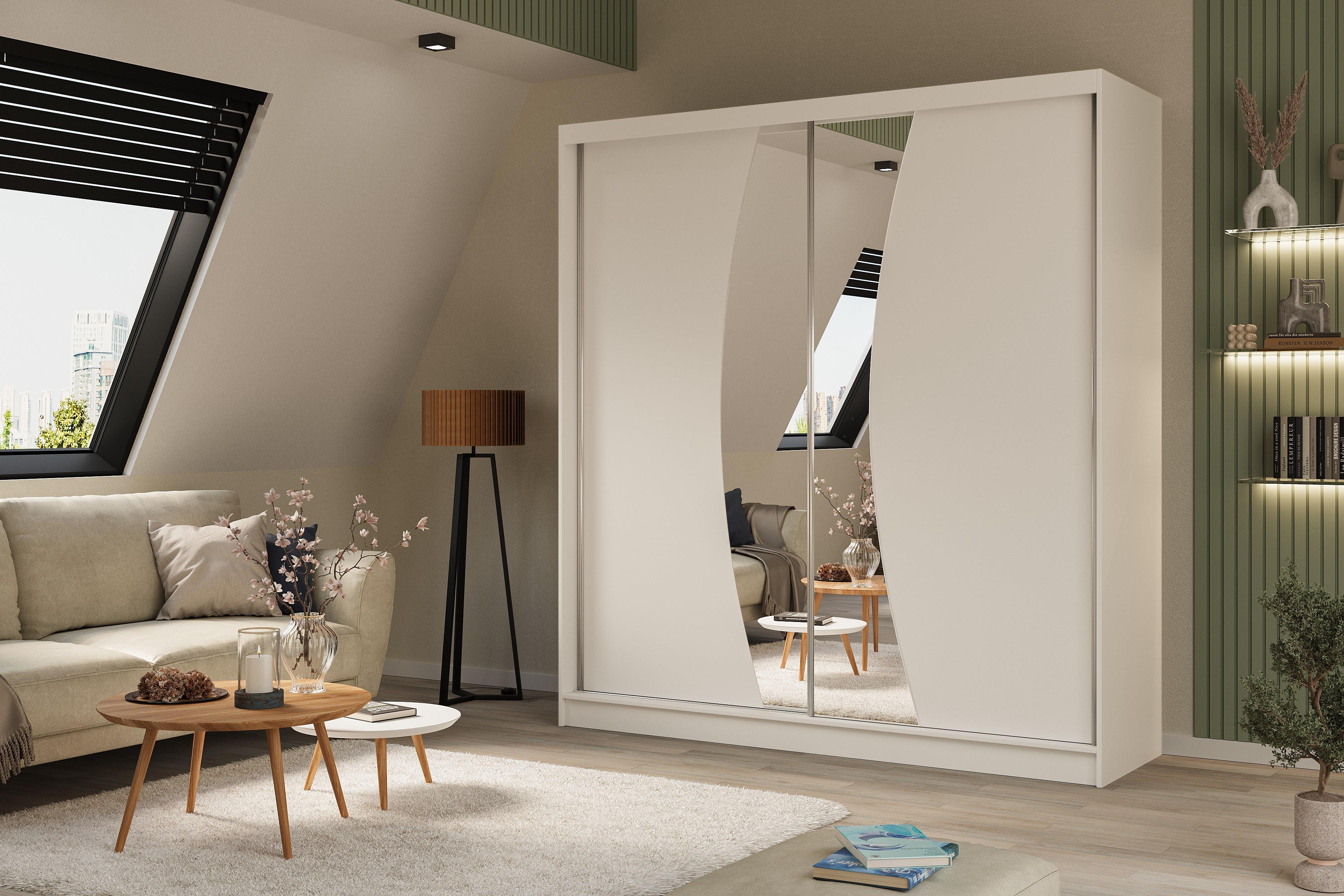 wohnli-moebel-suche-800000527144-1 KLEIDERSCHRANK mit Spiegel-Schiebetüren und Aluminium-Leisten - VOXI - 200 cm Weiß Holzwerkstoff ALTDECOR Möbel > Schränke > Kleiderschränke Weiß