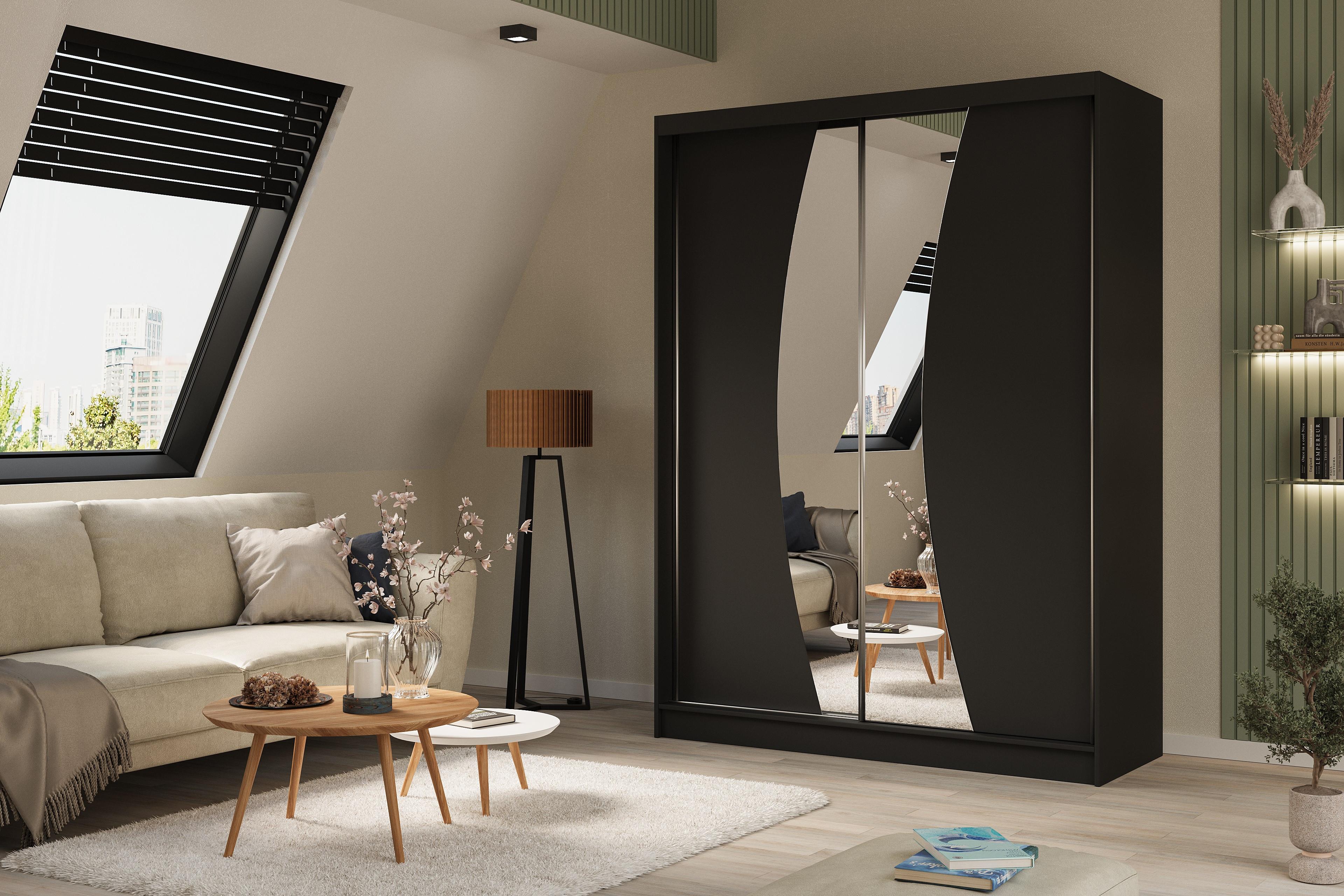 wohnli-moebel-suche-800000527147-1 KLEIDERSCHRANK mit Spiegel-Schiebetüren und Aluminium-Leisten - VOXI - 160 cm Schwarz Holzwerkstoff ALTDECOR Möbel > Schränke > Kleiderschränke Schwarz