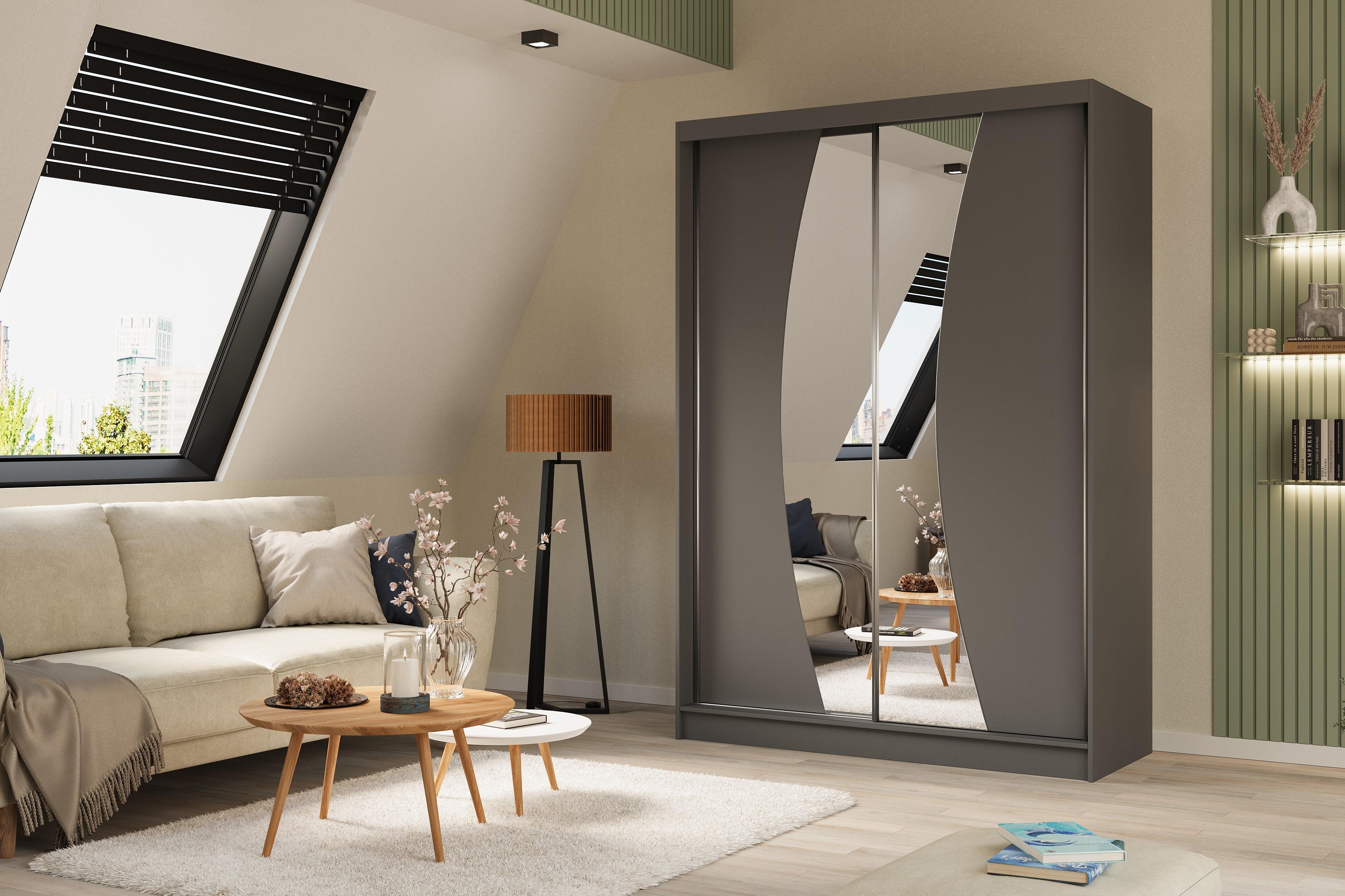 wohnli-moebel-suche-800000527150-1 KLEIDERSCHRANK mit Spiegel-Schiebetüren und Aluminium-Leisten - VOXI - 150 cm Grau Holzwerkstoff ALTDECOR Möbel > Schränke > Kleiderschränke Grau