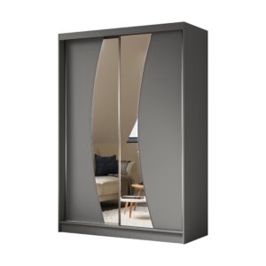 Wohnli Möbelsuche - KLEIDERSCHRANK mit Spiegel-Schiebetüren und Aluminium-Leisten - VOXI - 150 cm Grau