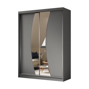 Wohnli Möbelsuche - KLEIDERSCHRANK mit Spiegel-Schiebetüren und Aluminium-Leisten - VOXI - 160 cm Grau