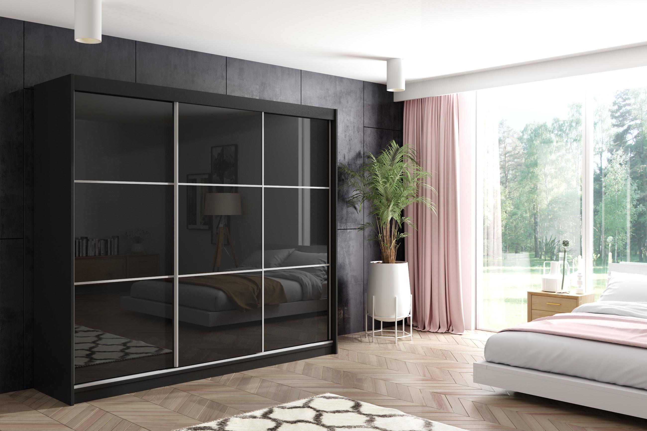 wohnli-moebel-suche-800000527158-1 KLEIDERSCHRANK mit Lacobel-Schiebetüren und Aluminium-Leisten - VIVI - 180 cm Schwarz Holzwerkstoff ALTDECOR Möbel > Schränke > Kleiderschränke Schwarz