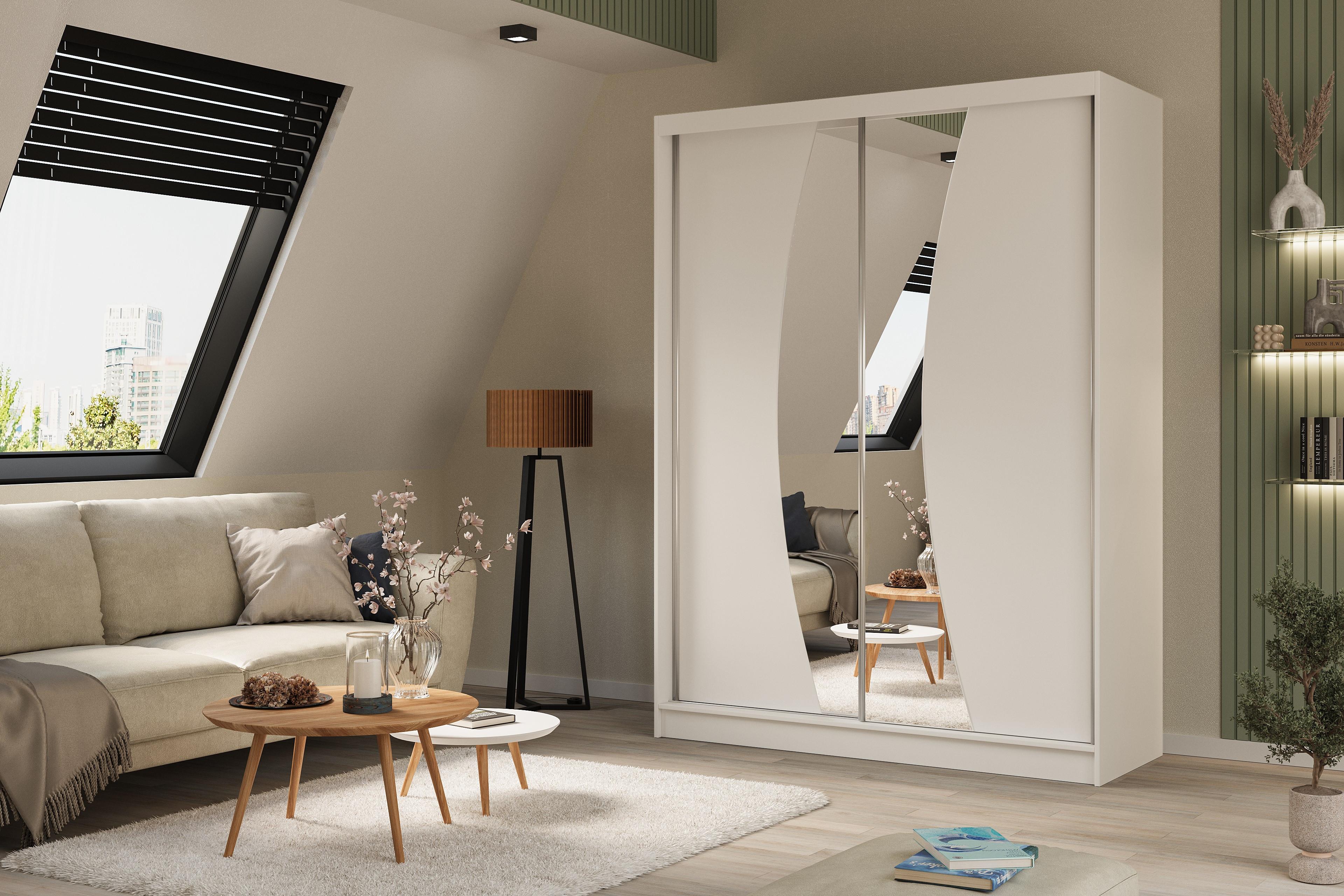 wohnli-moebel-suche-800000527162-1 KLEIDERSCHRANK mit Spiegel-Schiebetüren und Aluminium-Leisten - VOXI - 160 cm Weiß Holzwerkstoff ALTDECOR Möbel > Schränke > Kleiderschränke Weiß