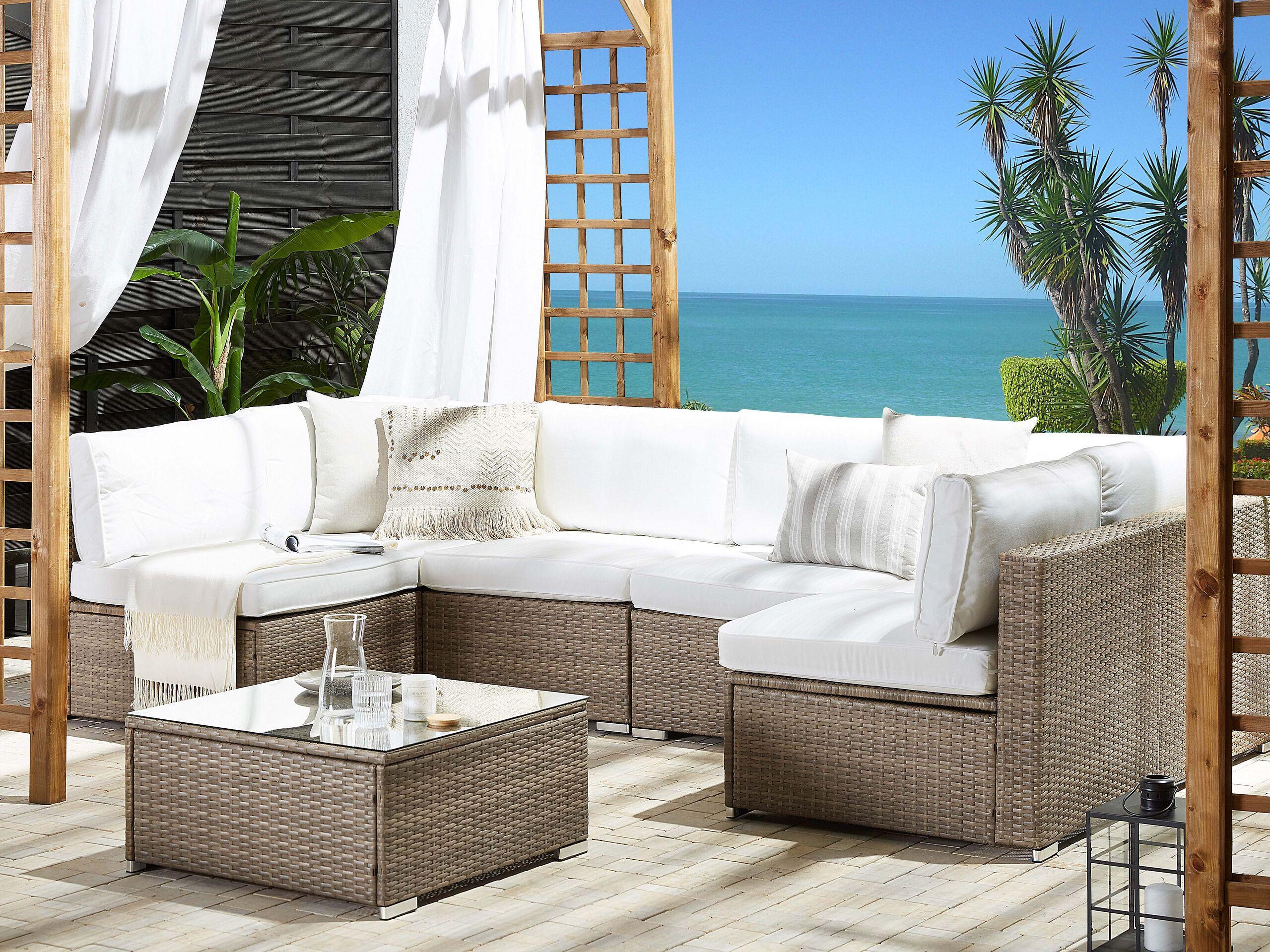 LOUNGE SET 6-Sitzer modular Braun Auflagen weiß Belvedere Kunststoff Beliani Garten & Outdoor > Gartenmöbel > Gartenmöbel-Sets Braun