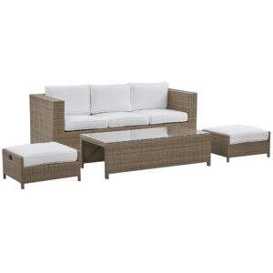 wohnli-moebel-suche-800000527528-1 LOUNGE SET 5-Sitzer braun Auflagen weiß Belluno Kunststoff Beliani Garten & Outdoor > Gartenmöbel > Gartenmöbel-Sets Weiß